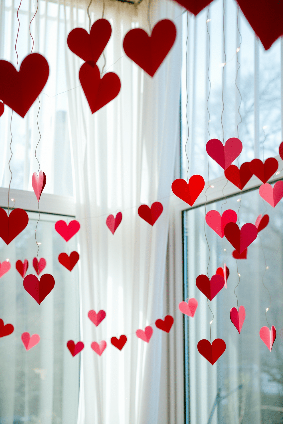 A whimsical display of heart-shaped paper garlands hangs gracefully across the room, adding a touch of romance to the Valentine's Day decor. The garlands, crafted from vibrant red and pink paper, flutter gently in the breeze, creating a festive and inviting atmosphere. Large windows are adorned with sheer white curtains that allow soft, natural light to filter in, enhancing the cheerful ambiance. Delicate fairy lights are intertwined with the garlands, casting a warm glow that complements the overall Valentine's Day theme.