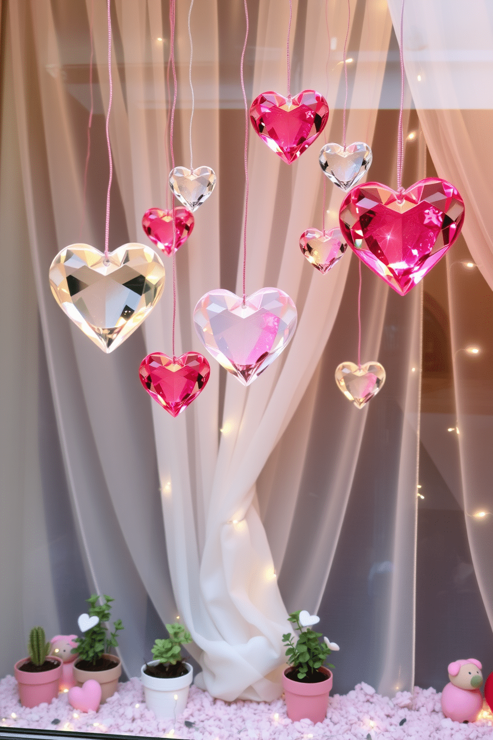 A whimsical Valentine's Day window display featuring hanging crystal hearts that catch the light beautifully. The hearts are arranged in varying sizes, suspended at different heights, creating a dreamy, romantic atmosphere. Soft pastel colors adorn the window sill, complemented by delicate fairy lights that twinkle gently. A backdrop of sheer white curtains enhances the ethereal feel, while small potted plants add a touch of greenery to the scene.