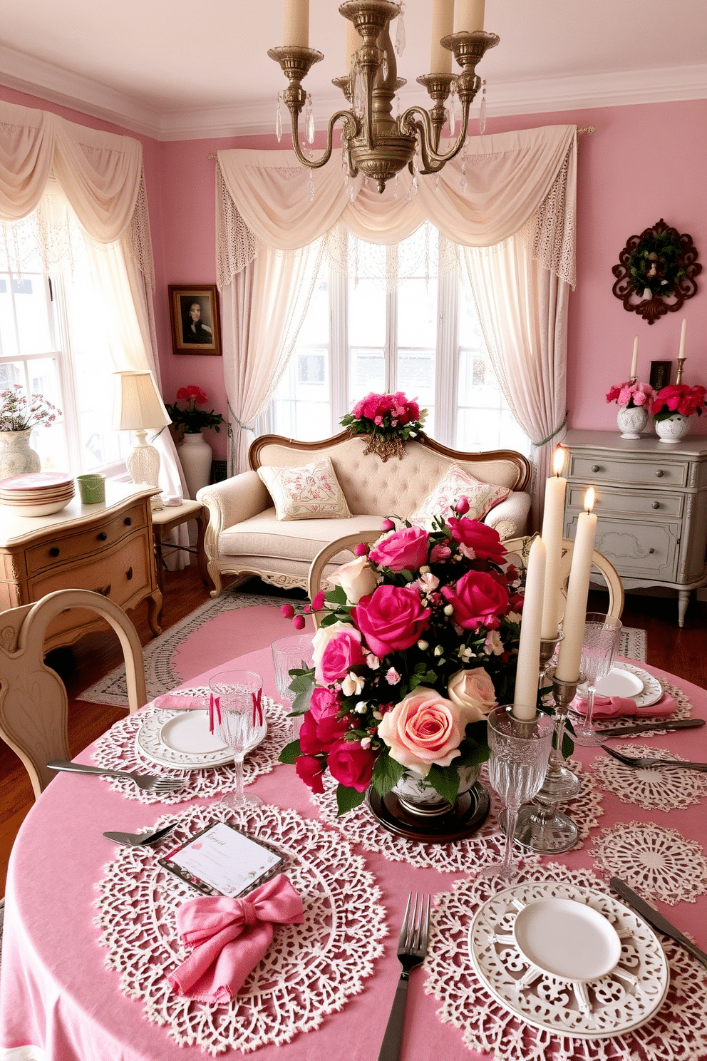 A charming vintage-inspired living room adorned with delicate lace doilies draped over antique furniture. The doilies are complemented by soft pastel colors, creating a warm and inviting atmosphere perfect for Valentine's Day. A beautifully set dining table featuring vintage lace doilies layered beneath elegant china and crystal glassware. The table is adorned with romantic floral arrangements and flickering candles, enhancing the festive Valentine's Day spirit.