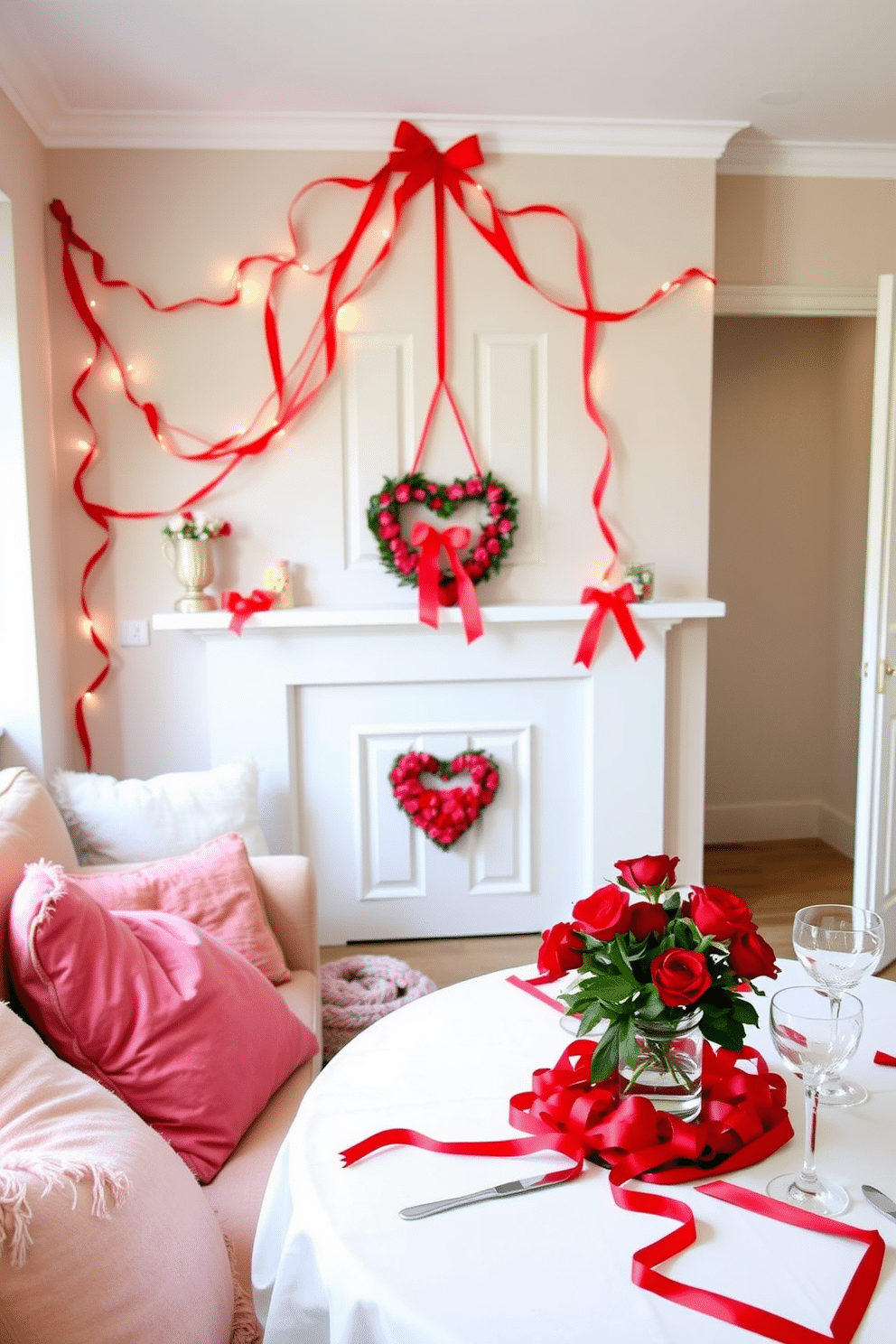 A charming living room adorned for Valentine's Day, featuring red ribbon accents draped elegantly across the mantelpiece and intertwined with fairy lights. Plush cushions in shades of pink and white are scattered across a cozy sofa, while a heart-shaped wreath hangs on the door, inviting warmth and romance. A festive dining table set for a Valentine's Day celebration, with a white tablecloth elegantly layered beneath a centerpiece of red roses surrounded by red ribbon accents. Delicate place settings include heart-shaped plates and sparkling glassware, creating an intimate atmosphere perfect for a romantic dinner.