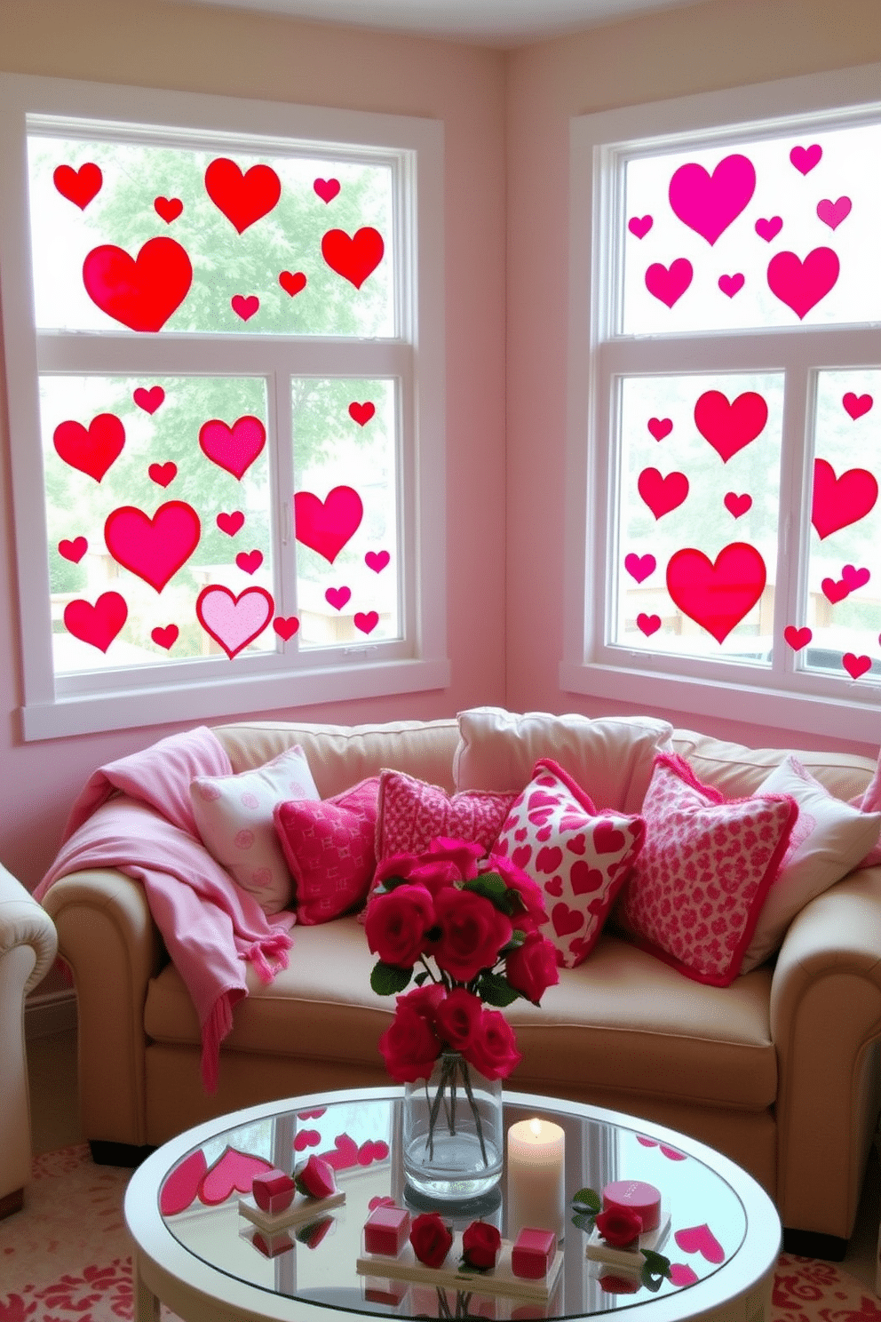 A cozy living room adorned with heart-shaped window decals, creating a romantic atmosphere for Valentine's Day. The decals are vibrant red and pink, contrasting beautifully against the soft, pastel-colored walls. A plush sofa is draped with an assortment of heart-patterned throw pillows, inviting guests to relax and enjoy the festive decor. A small coffee table in front of the sofa is decorated with a bouquet of fresh roses and a few heart-shaped candles, enhancing the warm ambiance.