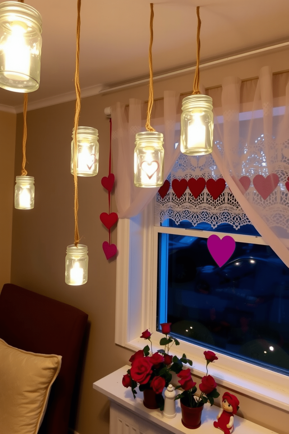 A cozy living room setting adorned with hanging mason jar candles that softly illuminate the space. The jars are suspended from the ceiling with twine, creating a warm and inviting atmosphere. A beautifully decorated window showcasing Valentine's Day themes with heart-shaped garlands and delicate lace curtains. The window sill is adorned with potted red roses and charming figurines that capture the spirit of love.