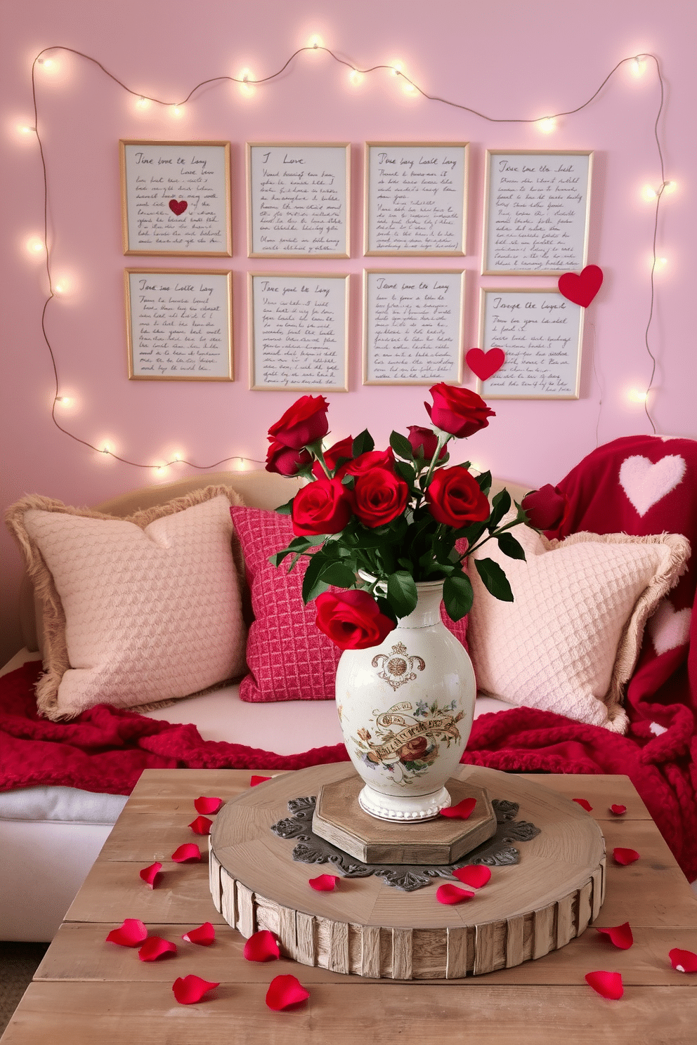 A romantic love letter display features elegantly framed handwritten letters arranged on a soft, pastel-colored wall. Surrounding the letters, delicate fairy lights twinkle softly, creating a warm and inviting atmosphere. For Valentine's Day decorating ideas, envision a cozy nook adorned with plush cushions and heart-themed throw blankets. A centerpiece of fresh red roses in a vintage vase sits atop a rustic wooden table, complemented by scattered rose petals for an extra touch of romance.