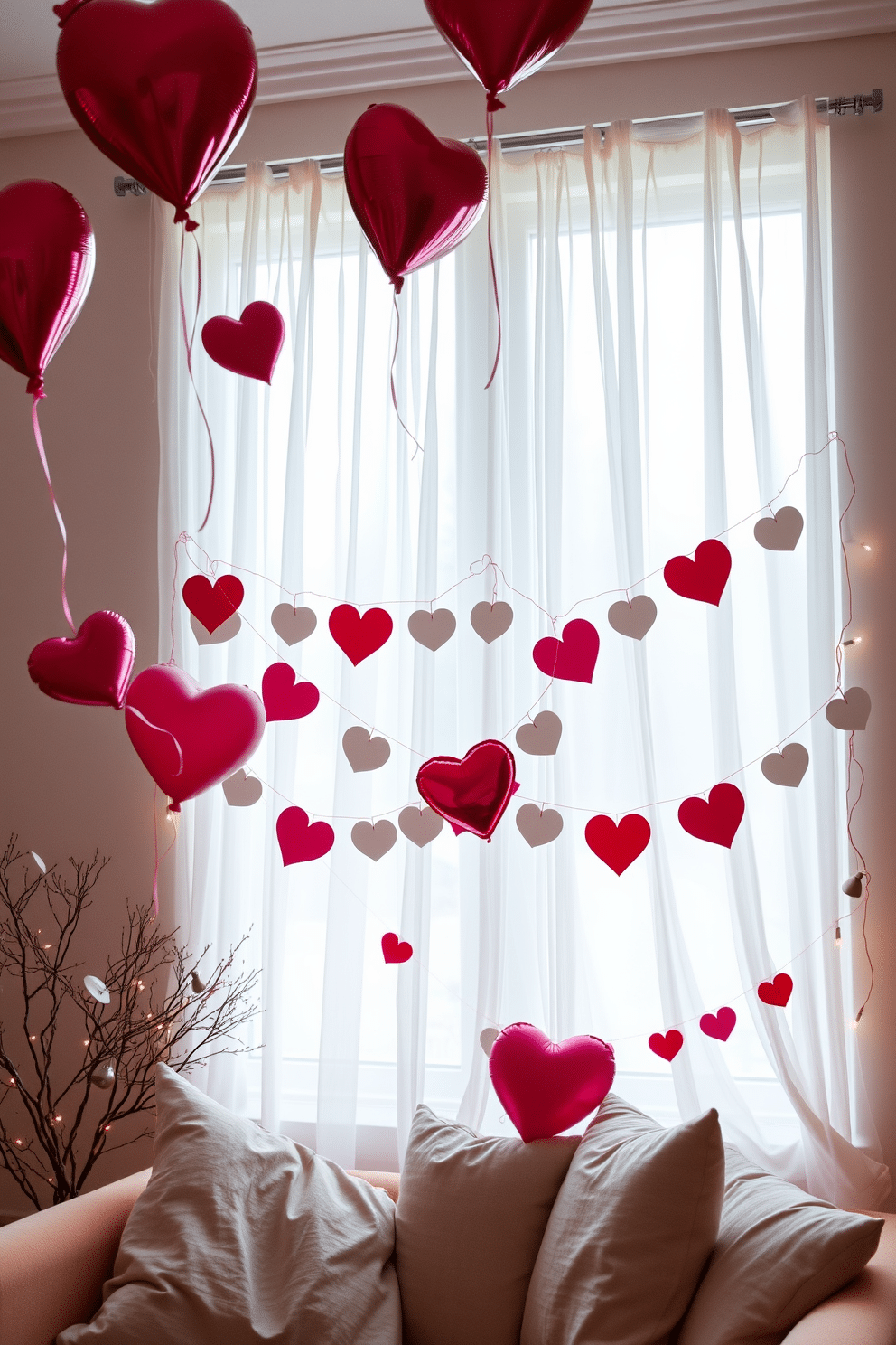 A whimsical Valentine's Day setting featuring heart-shaped balloons in vibrant shades of red and pink. The balloons float gracefully above a cozy living room adorned with romantic decor, including soft cushions and fairy lights. The window is beautifully decorated with sheer white curtains, allowing natural light to illuminate the space. Delicate garlands of hearts and love notes are draped across the window frame, creating an inviting atmosphere perfect for celebrating love.