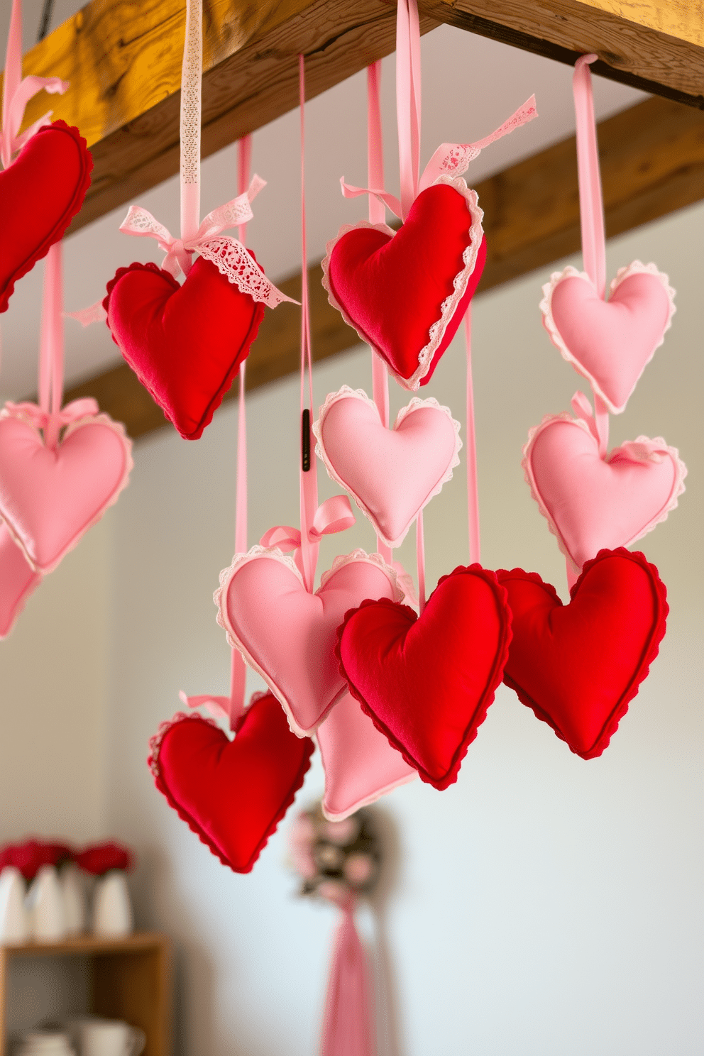 A whimsical display of hanging fabric hearts in various shades of red and pink, gently swaying in the breeze. Each heart is adorned with delicate lace trim and subtle floral patterns, creating a charming Valentine's Day atmosphere. The hearts are suspended from a rustic wooden beam, enhancing the cozy ambiance of the room. Soft, warm lighting casts a romantic glow, inviting guests to feel the love and warmth of the season.