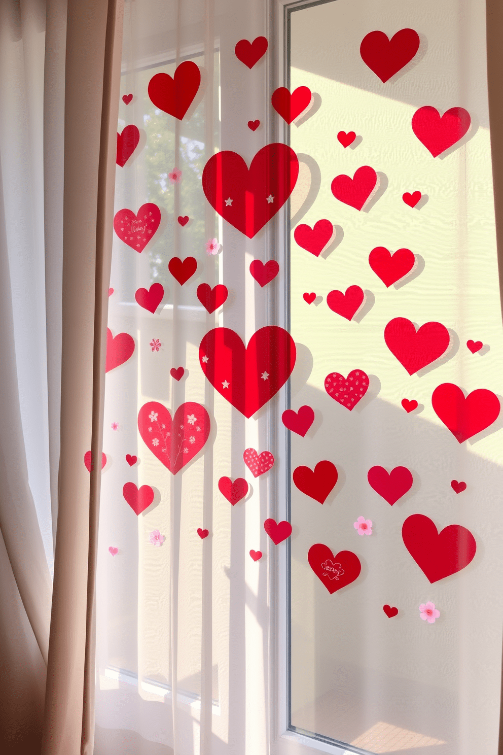 A charming display of heart-shaped window stickers adorns a large, sunlit window, casting playful shadows across the room. The vibrant red and pink stickers create a festive atmosphere, perfect for celebrating Valentine's Day. Delicate floral patterns complement the heart shapes, enhancing the romantic theme. Soft, sheer curtains frame the window, allowing natural light to filter through and illuminate the cheerful decorations.