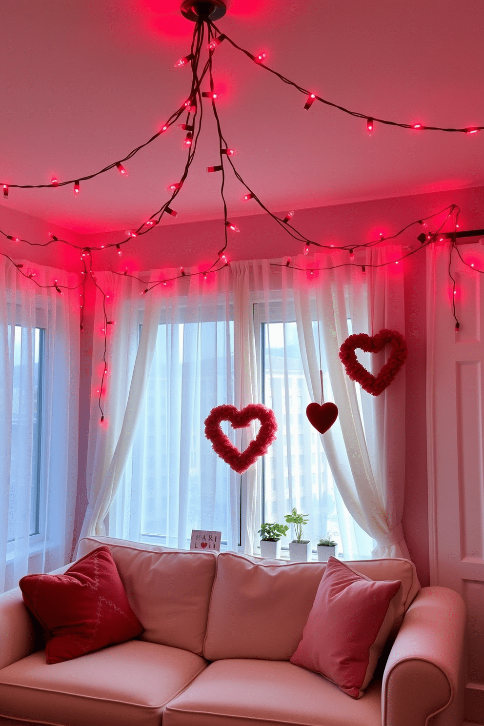 A cozy living room adorned with red and pink fairy lights strung across the ceiling, casting a warm and romantic glow. Plush cushions in coordinating colors are scattered on a soft white sofa, while a heart-shaped wreath hangs on the door, welcoming guests with festive charm. The windows are elegantly dressed with sheer white curtains that flutter gently in the breeze, allowing soft natural light to filter through. Heart-shaped decorations and small potted plants are placed on the windowsill, enhancing the Valentine's Day spirit with a touch of greenery.