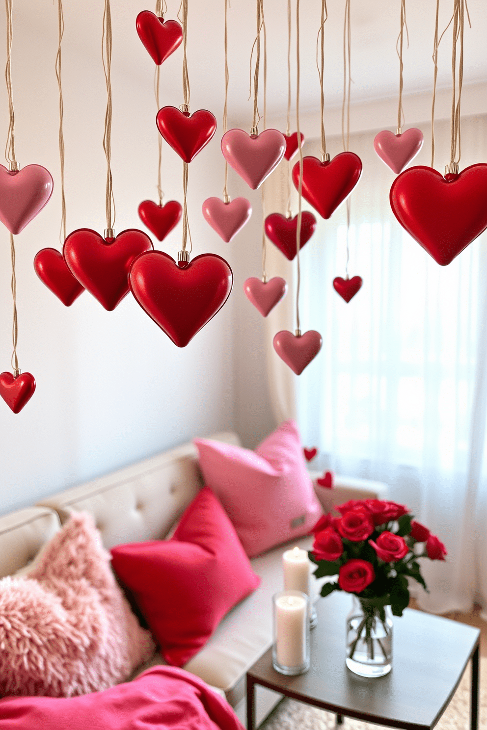 A cozy living space adorned with hanging heart ornaments in various sizes and colors. The ornaments dangle from delicate twine, creating a whimsical atmosphere that enhances the romantic theme of Valentine's Day. The room is decorated with soft pink and red accents, featuring plush cushions on a neutral sofa. A small table is set with heart-shaped candles and a vase of fresh roses, completing the festive look.