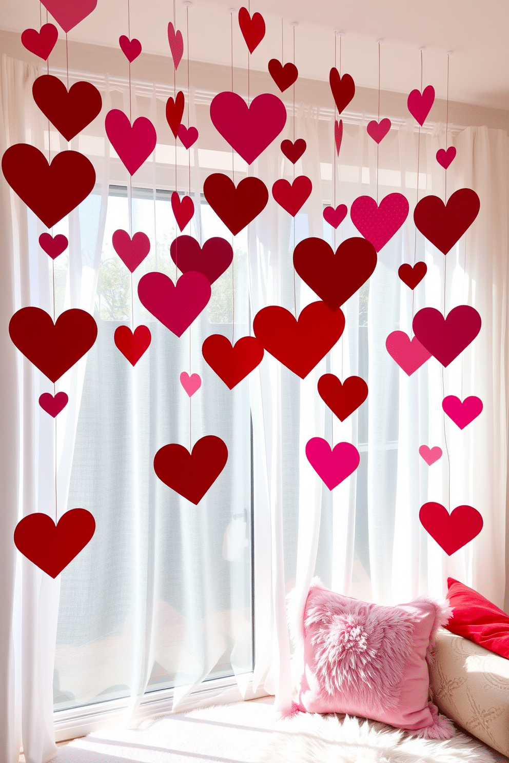 A whimsical Valentine's Day decoration featuring heart-shaped paper cutouts in various sizes and shades of red and pink. The cutouts are suspended from the ceiling, creating a playful and romantic atmosphere in the room. The window is adorned with sheer white curtains that gently diffuse the light, enhancing the vibrant colors of the heart cutouts. A cozy seating area nearby is accessorized with plush cushions in coordinating colors, inviting guests to relax and enjoy the festive decor.