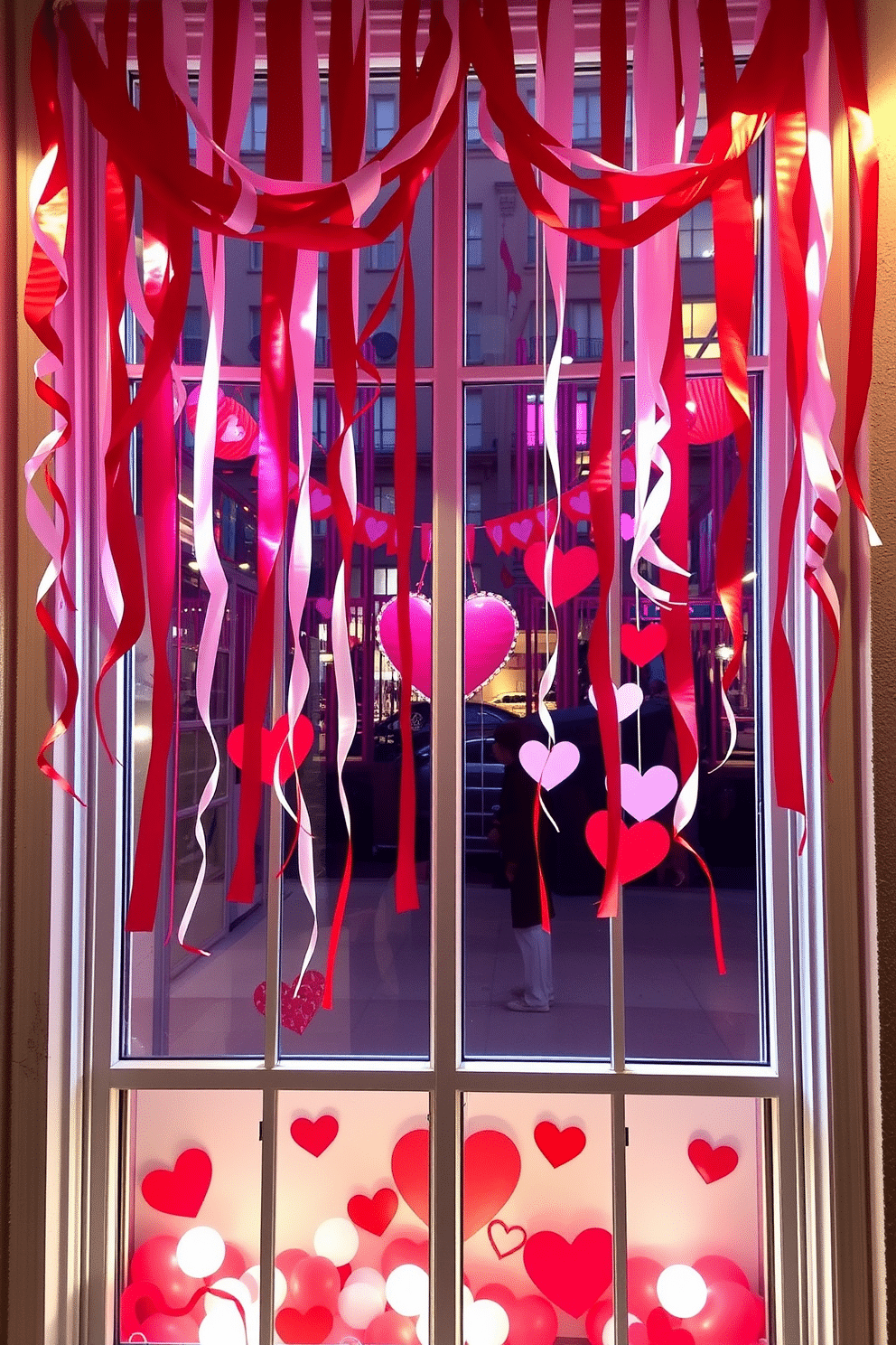 A festive Valentine's Day window display features vibrant red and white streamers cascading from the top of the window frame. The streamers create a cheerful atmosphere, accentuated by heart-shaped decorations and soft, warm lighting that invites a romantic ambiance.