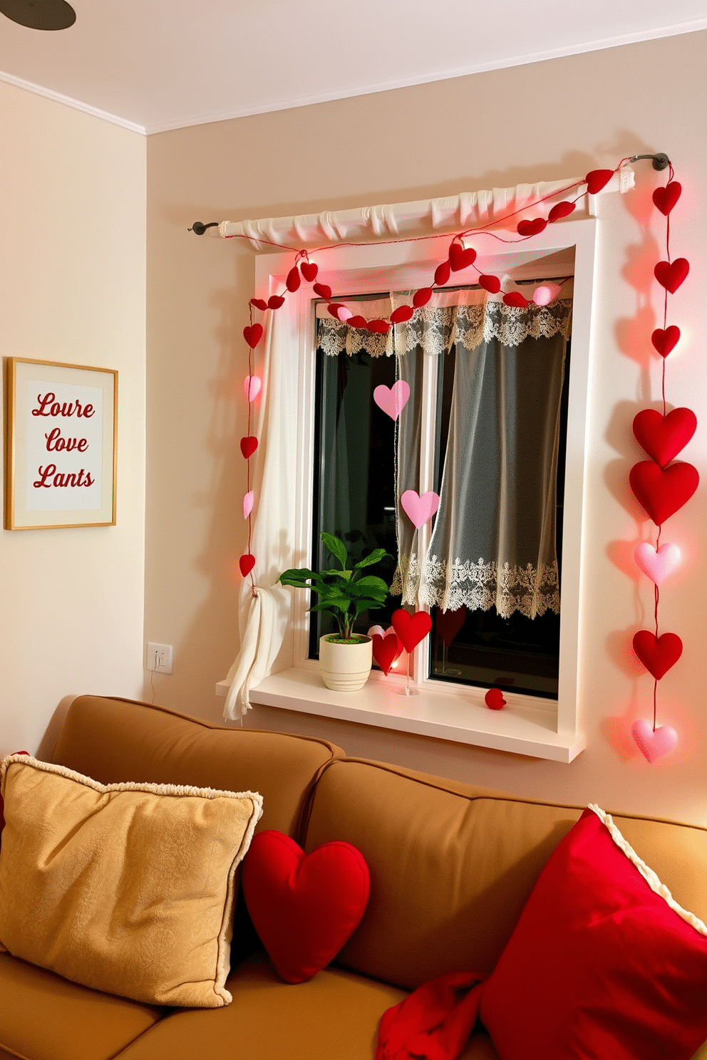 A cozy living room adorned with hanging love quotes artfully displayed on the walls. Soft, warm lighting casts a romantic glow over plush seating, while decorative pillows and throws enhance the inviting atmosphere. A charming window dressed with festive Valentine's Day decorations, featuring heart-shaped garlands and delicate lace curtains. A small potted plant sits on the sill, adding a touch of greenery to the vibrant red and pink accents.