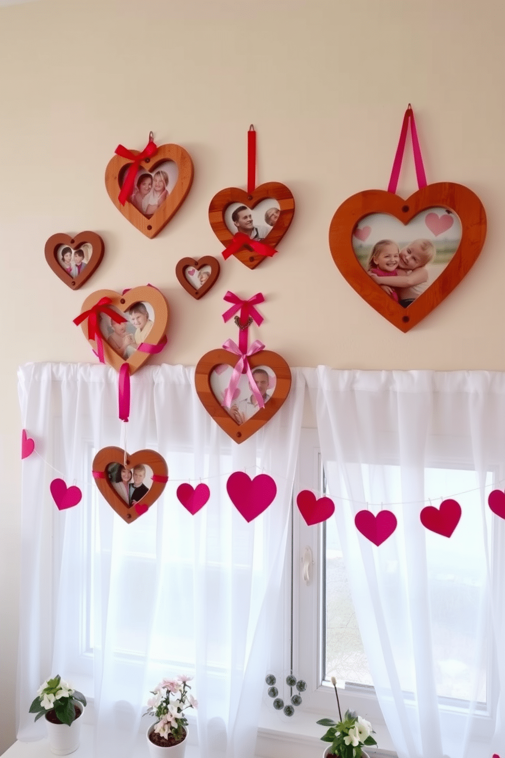 A charming display of heart-shaped photo frames adorns a cozy wall, showcasing cherished memories in a playful arrangement. Each frame is crafted from rustic wood, adding warmth to the decor, and is filled with vibrant photographs that evoke love and nostalgia. Delicate window decorations for Valentine's Day feature sheer white curtains accented with red and pink ribbons. Heart-shaped garlands drape gracefully across the window, while small potted plants with blooming flowers sit on the sill, creating a romantic ambiance.