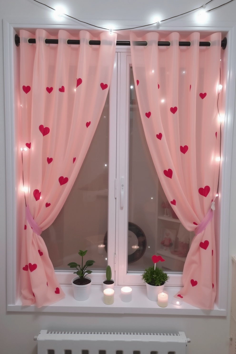 A charming Valentine's Day themed window display features soft, sheer curtains adorned with delicate heart patterns in shades of pink and red. The curtains gently billow in the breeze, creating a romantic atmosphere that complements the cozy room decor. The window sill is decorated with small potted plants and heart-shaped candles, adding a warm touch to the overall design. String lights twinkle above, enhancing the festive spirit and inviting love into the space.