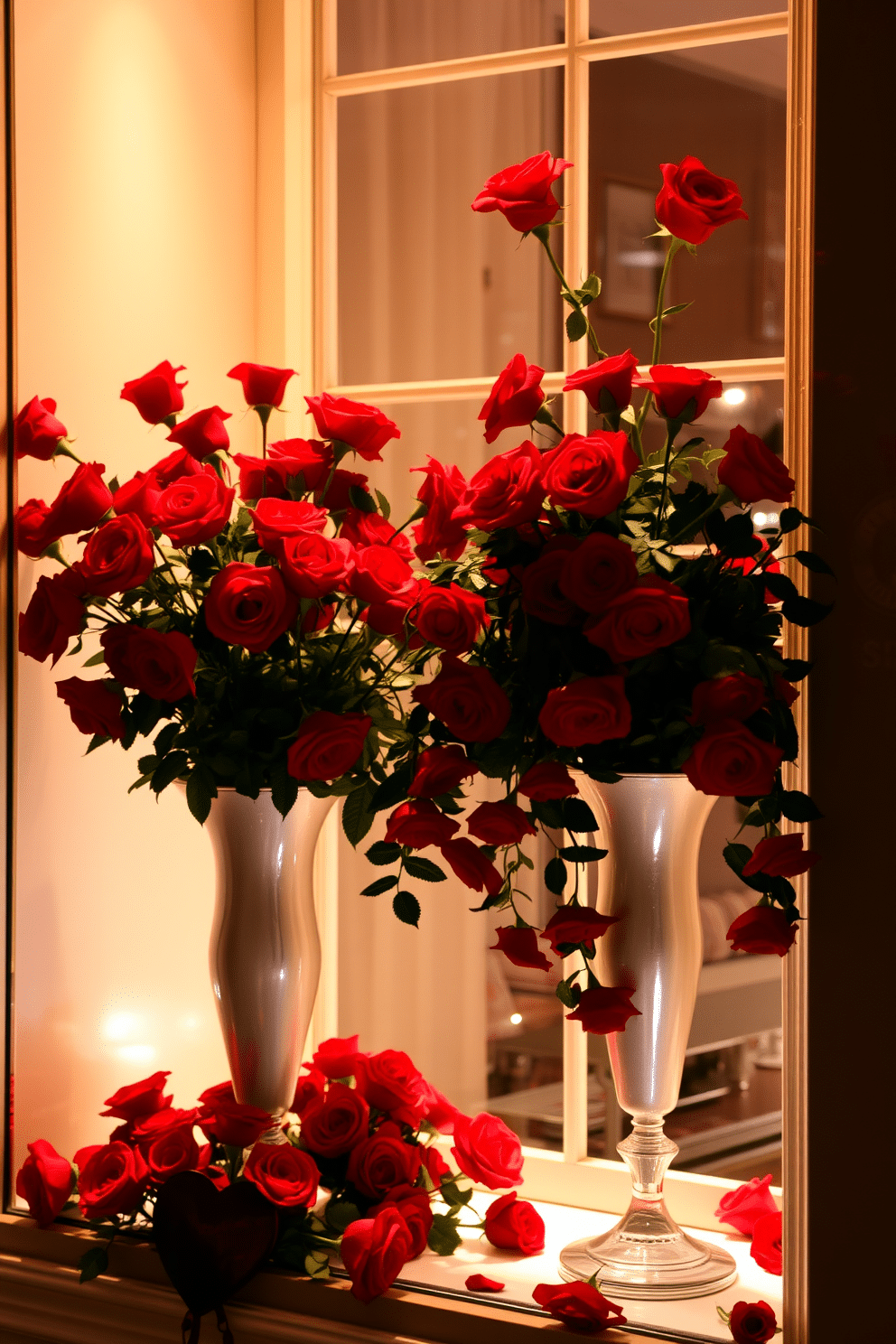 A romantic window display adorned with vibrant red roses cascading from elegant vases. Soft, ambient lighting illuminates the scene, creating a warm and inviting atmosphere perfect for Valentine's Day.