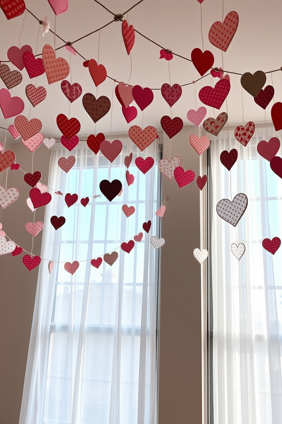 A whimsical display of heart-shaped fabric garlands drapes across the room, adding a playful touch to the Valentine's Day decor. The garlands feature a mix of soft pastel colors and intricate patterns, creating a warm and inviting atmosphere. Large windows are adorned with sheer white curtains that allow natural light to filter through, enhancing the romantic vibe. Delicate heart-shaped decorations hang from the window frames, complementing the fabric garlands and completing the festive look.