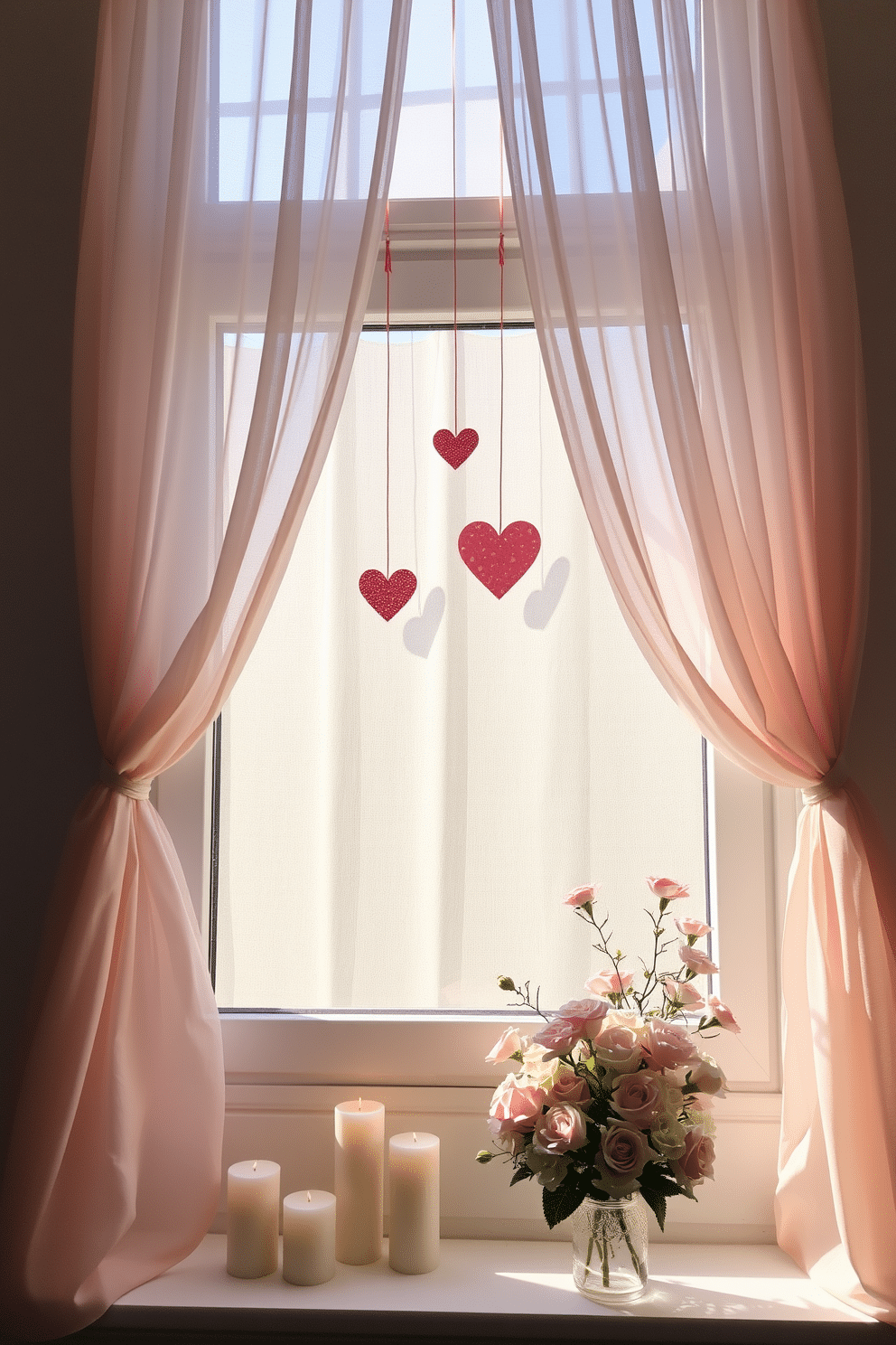 A romantic window setting adorned with soft, sheer curtains that gently billow in the breeze. Delicate heart-shaped decorations hang from the window frame, casting playful shadows on the wall. The windowsill is decorated with an array of candles in varying heights, creating a warm and inviting glow. Fresh flowers in pastel shades are arranged in a charming vase, enhancing the romantic ambiance for Valentine's Day.