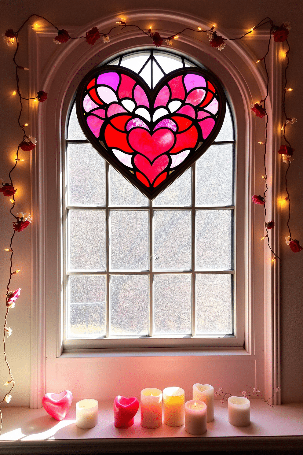 A stunning heart-shaped stained glass window filters soft, colorful light into the room, creating a romantic ambiance. The intricate patterns of red and pink hues dance on the walls, enhancing the festive spirit of Valentine's Day. Delicate garlands of faux flowers and twinkling fairy lights frame the window, adding a whimsical touch. On the windowsill, a collection of heart-shaped candles in varying sizes flicker gently, casting warm shadows and inviting a cozy atmosphere.