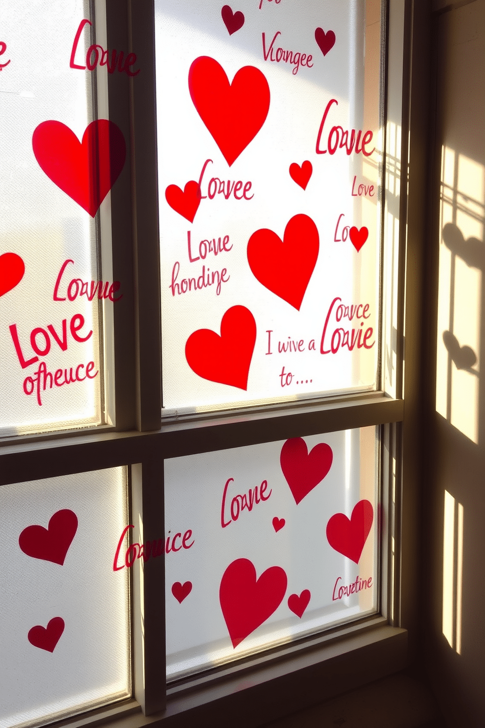 A cozy window display adorned with love-themed window clings, featuring hearts and romantic phrases in vibrant colors. Soft, diffused light filters through the clings, casting playful shadows on the surrounding walls, creating a warm and inviting atmosphere for Valentine's Day.