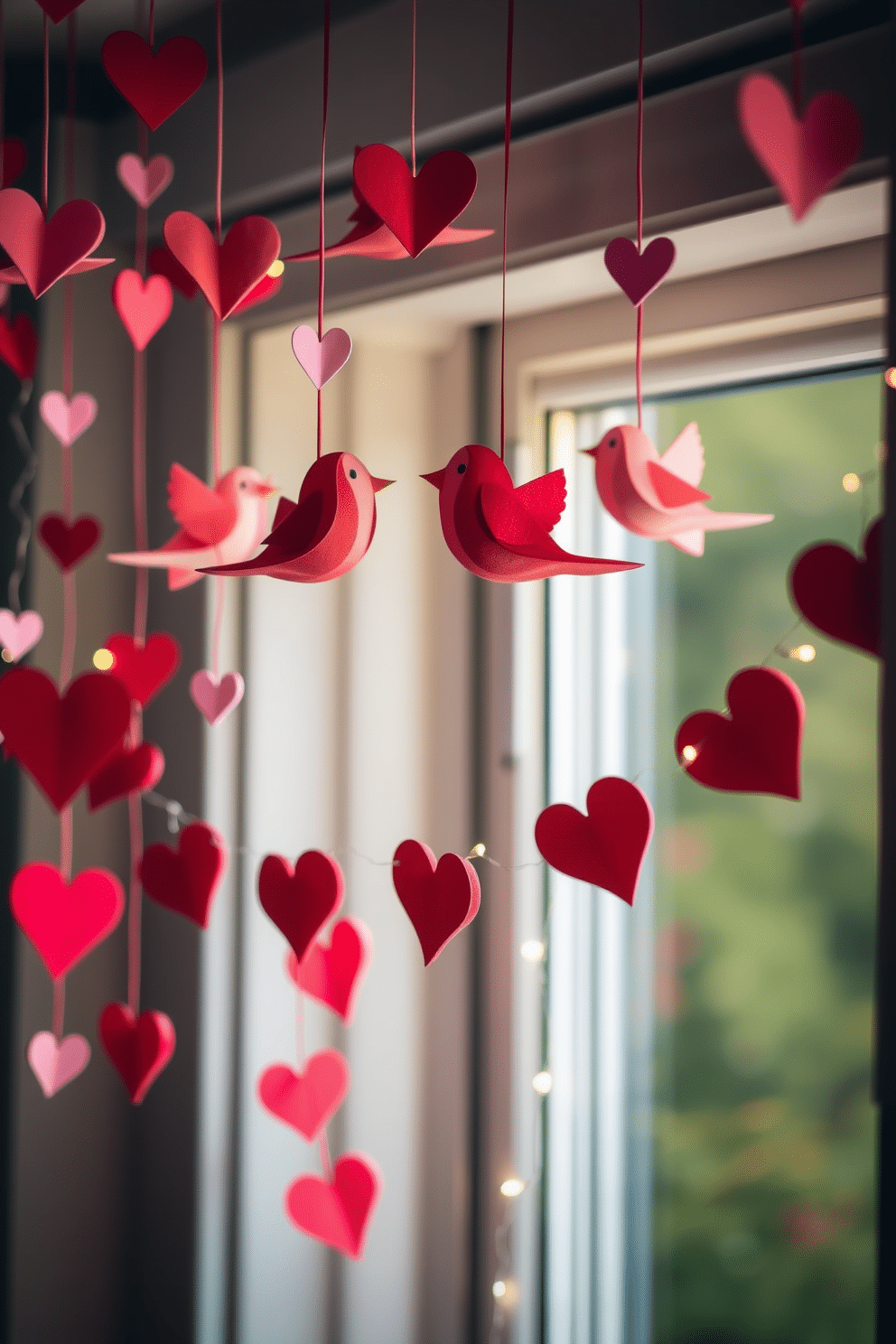 A charming display of hanging lovebirds decorations, crafted from delicate paper and adorned with vibrant colors, sways gently in the soft breeze. These whimsical decorations are suspended from the ceiling, creating a romantic atmosphere perfect for a cozy Valentine's Day celebration. Creative window decorations for Valentine's Day feature heart-shaped garlands made of red and pink felt, draping gracefully across the window frame. Soft fairy lights twinkle alongside, casting a warm glow that enhances the festive spirit of love and affection.