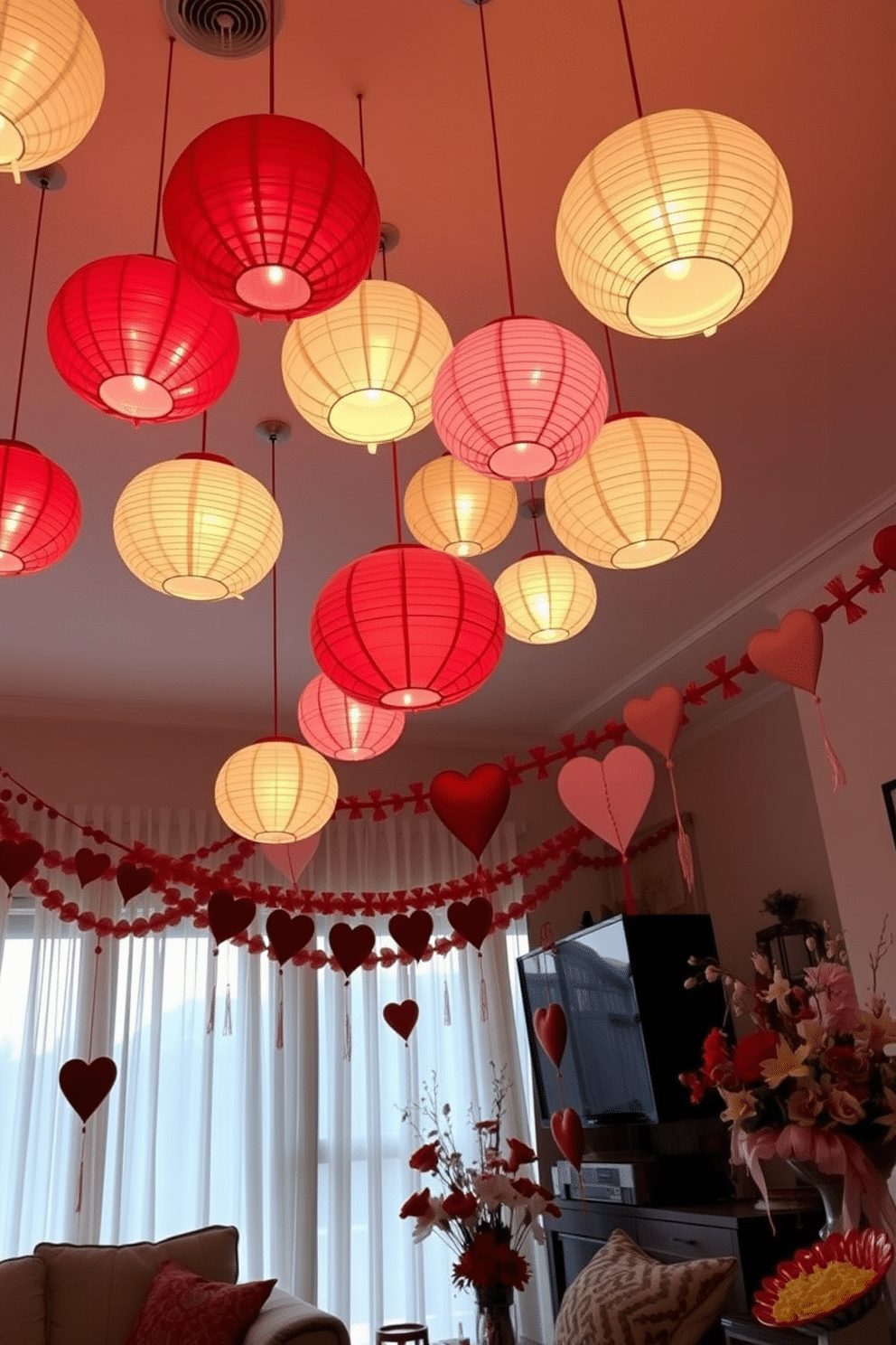 A cozy living room adorned with hanging paper lanterns that cast a warm, inviting glow. The lanterns are suspended at varying heights from the ceiling, creating a whimsical atmosphere filled with soft light. A charming display of Valentine's Day decorations featuring heart-shaped garlands and elegant floral arrangements. The decor includes red and pink accents that enhance the romantic ambiance, making the space feel festive and welcoming.