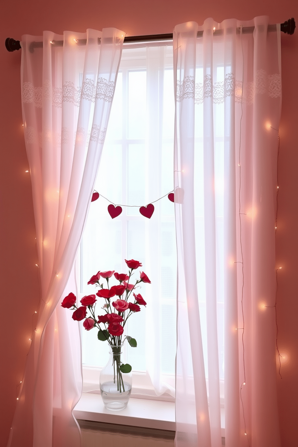 A romantic setting featuring sheer curtains that gracefully drape from a wooden curtain rod, allowing soft, diffused light to filter into the room. The curtains are adorned with delicate lace trim, adding an elegant touch, while the walls are painted in a soft blush hue to enhance the romantic ambiance. For Valentine's Day, the window is decorated with heart-shaped garlands and clusters of red and pink roses arranged in a charming vase on the windowsill. Subtle fairy lights are woven into the sheer curtains, creating a warm and inviting glow that sets the perfect mood for a romantic evening.