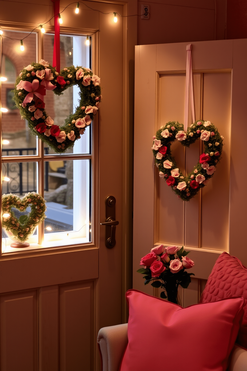 A charming display featuring heart-shaped wreaths adorned with delicate pink and red flowers, gracefully hung on a rustic wooden door. Soft, ambient lighting enhances the romantic vibe, creating a warm welcome for guests. A cozy living room setting decorated for Valentine's Day, with window sills adorned with heart-shaped wreaths and twinkling fairy lights. Plush cushions in shades of pink and red invite relaxation, while a small table displays a bouquet of roses and heart-themed decor.