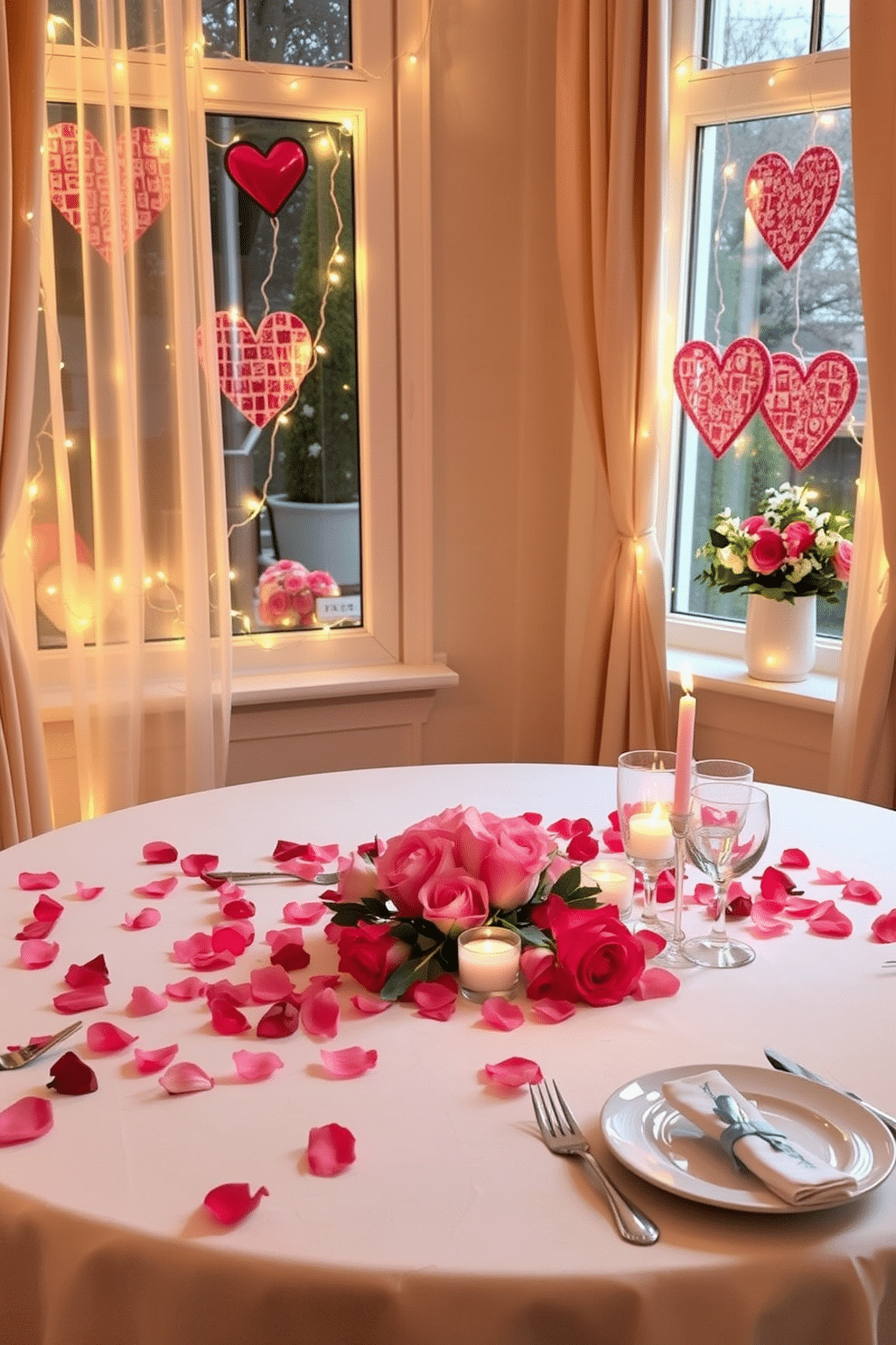 A romantic setting featuring elegant rose petal arrangements scattered across a beautifully set dining table. The table is adorned with soft, flickering candlelight and delicate china, creating an intimate atmosphere perfect for a Valentine's Day celebration. Charming window displays showcasing creative Valentine's Day decorating ideas, with heart-shaped garlands and twinkling fairy lights. The windows are framed with sheer drapes, allowing natural light to filter through and illuminate the festive decorations.