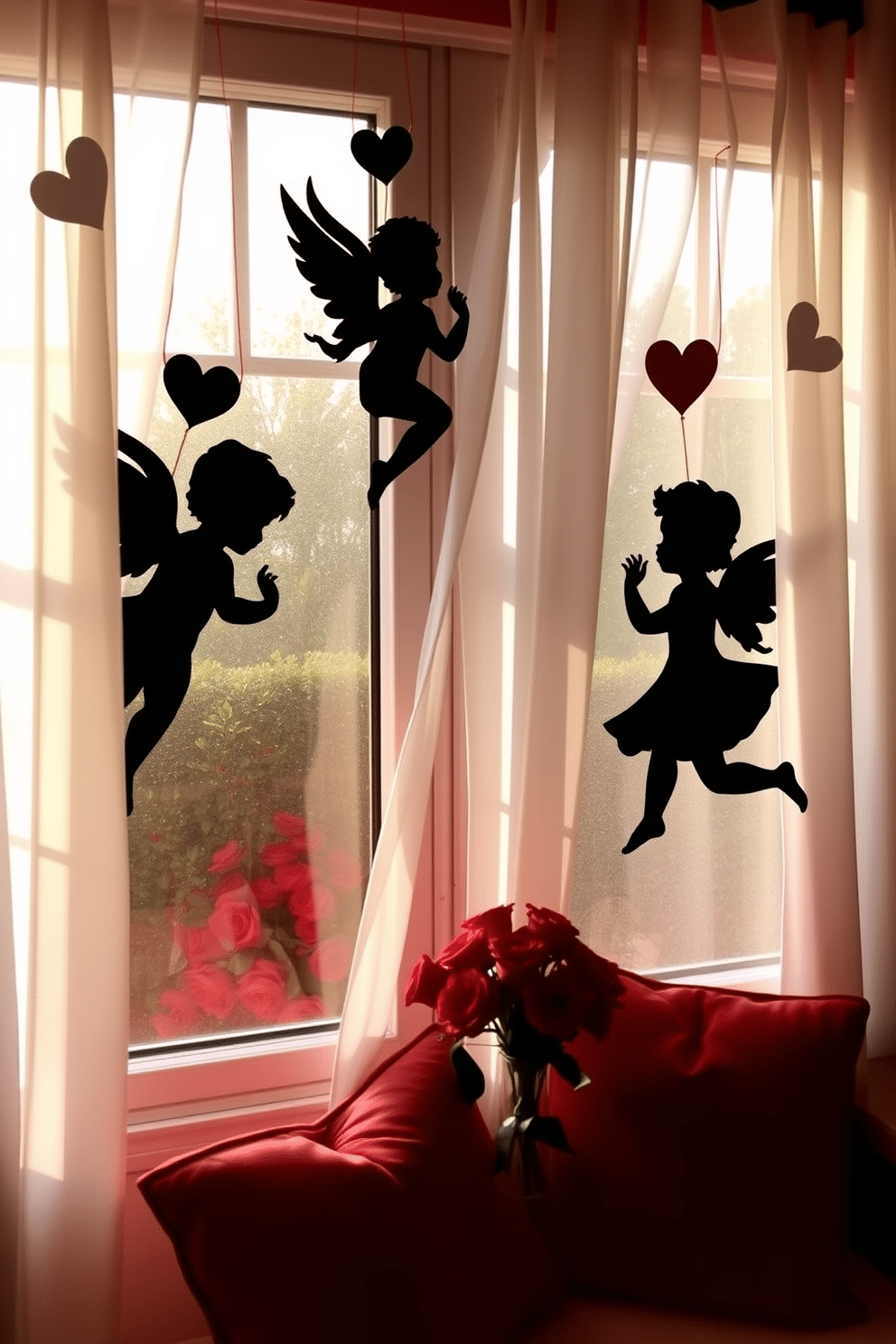 A romantic display featuring Cupid silhouette cutouts adorning the windows, casting playful shadows in the soft afternoon light. The cutouts are crafted from elegant black paper, contrasting beautifully with sheer white curtains that flutter gently in the breeze. Beneath the window, a cozy seating area is arranged with plush cushions in shades of red and pink. A small table holds a vase filled with fresh roses, completing the enchanting Valentine's Day atmosphere.