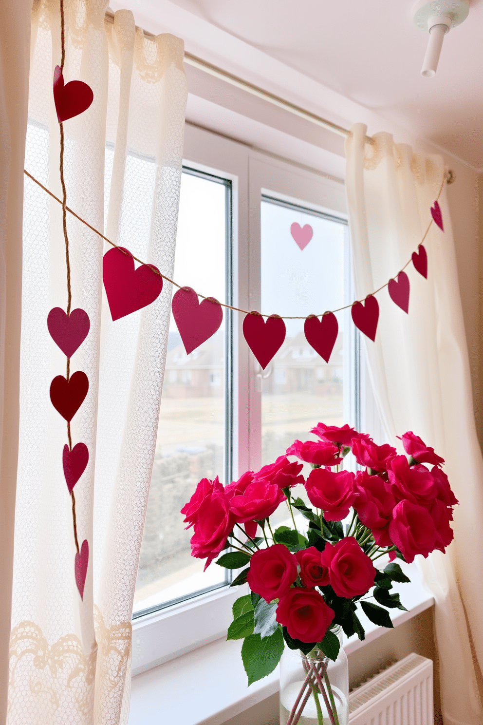 A charming Valentine's Day bunting decorates the room, featuring heart-shaped cutouts in shades of pink and red, strung together with twine. The bunting gently sways, adding a festive touch to the space, perfect for celebrating love and affection. The windows are adorned with delicate lace curtains, allowing soft light to filter through while showcasing heart-themed decorations. Fresh flowers in vibrant hues are placed on the windowsill, complementing the overall romantic ambiance of the room.