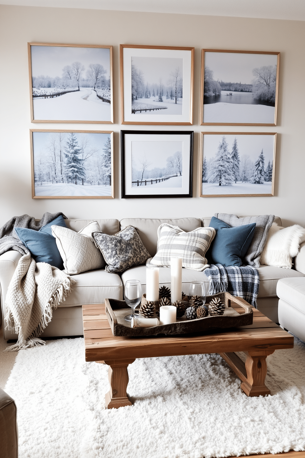 A cozy winter-themed living room featuring artwork depicting snowy landscapes and frosty trees. The walls are adorned with framed prints in soft blues and whites, creating a serene atmosphere. Plush throws and cushions in various shades of gray and cream are scattered across a comfortable sofa. A rustic wooden coffee table sits in the center, topped with a decorative tray of pinecones and candles for a warm touch.