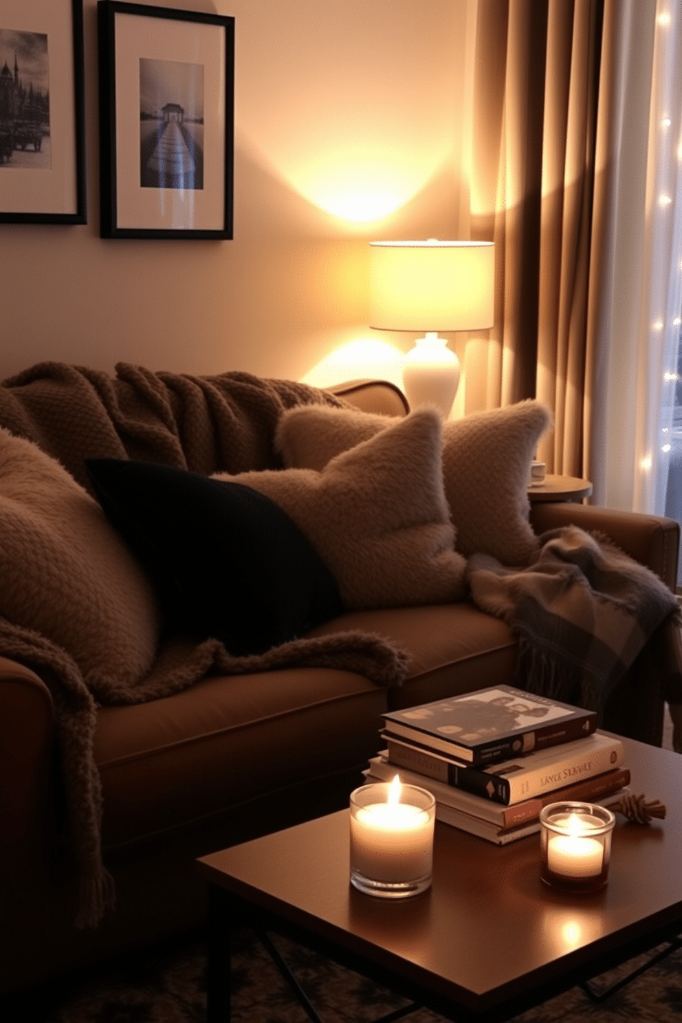 A cozy winter apartment setting filled with soft ambient lighting created by stylish table lamps. The warm glow enhances the inviting atmosphere, making the space perfect for relaxation during the colder months. Plush throw blankets are draped over a comfortable sofa, complemented by an array of decorative pillows in rich textures. A small coffee table holds a stack of winter-themed books and a fragrant candle, adding to the seasonal charm.