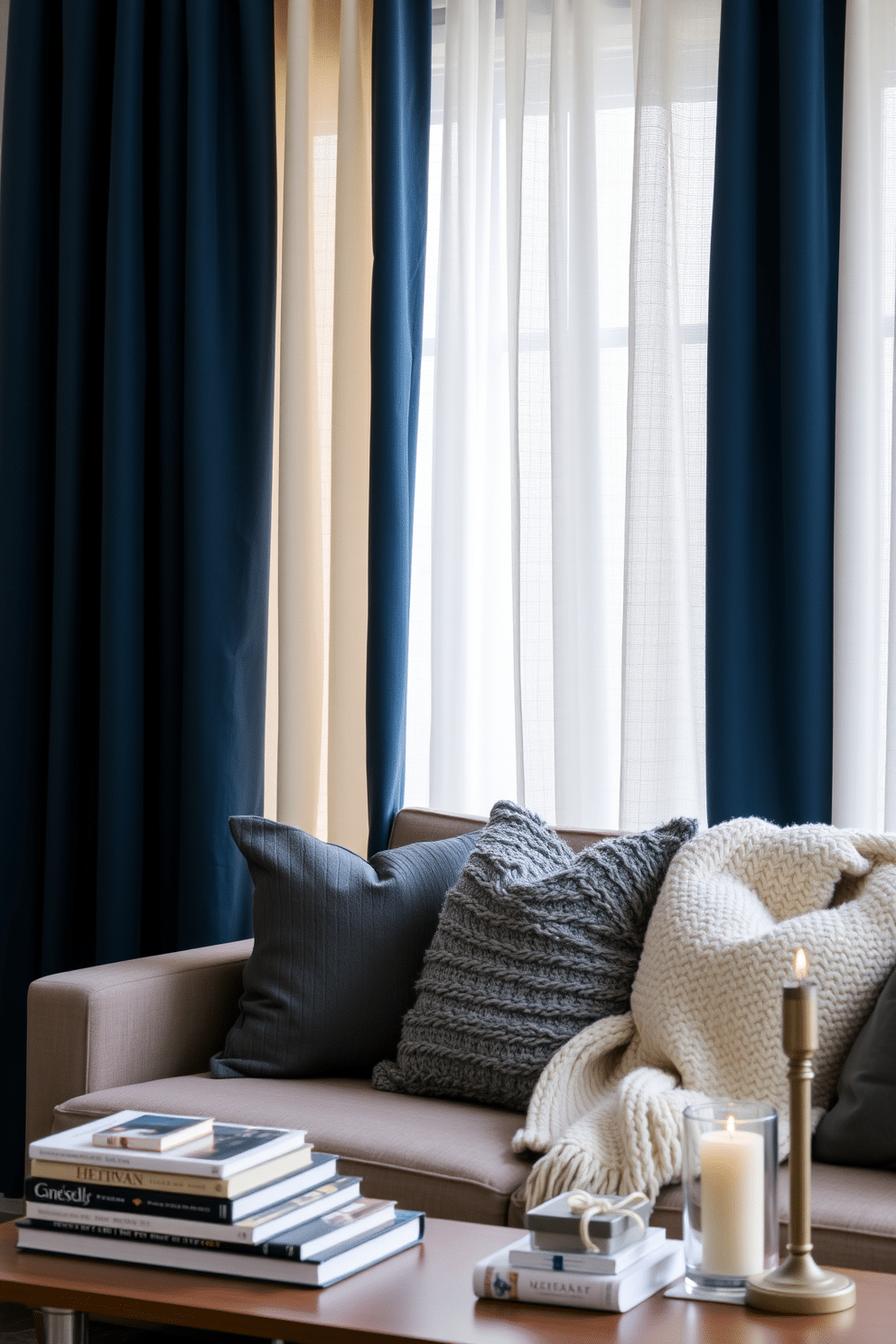 A cozy winter apartment setting featuring layered curtains that provide extra insulation against the cold. The curtains are a rich, deep blue on the outer layer and a soft, warm white on the inner layer, creating a beautiful contrast and inviting ambiance. In the living area, a plush sofa is adorned with textured throw pillows in various shades of gray and cream. A warm, knitted blanket is draped over the armrest, while a stylish coffee table holds a stack of seasonal decor books and a fragrant candle.