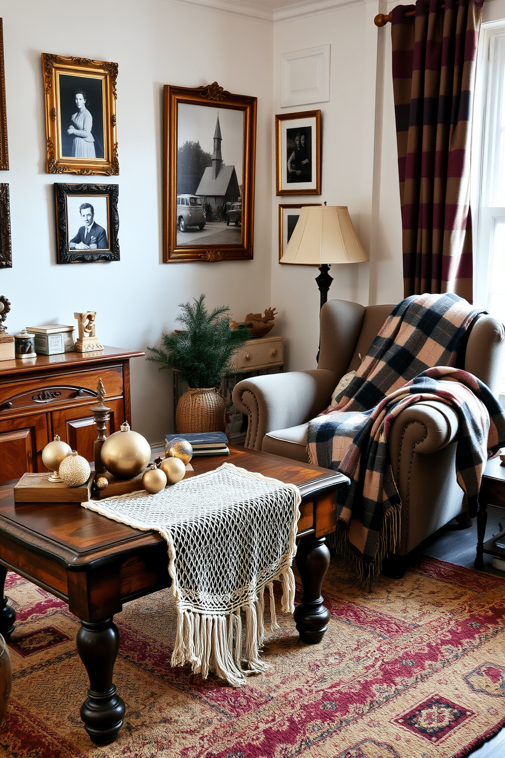 A cozy winter apartment decorated with vintage charm. The space features an antique wooden coffee table adorned with a knitted table runner and a collection of vintage ornaments. On the walls, there are framed black and white photographs in ornate frames. A plush armchair is draped with a warm plaid blanket, creating an inviting reading nook by the window.