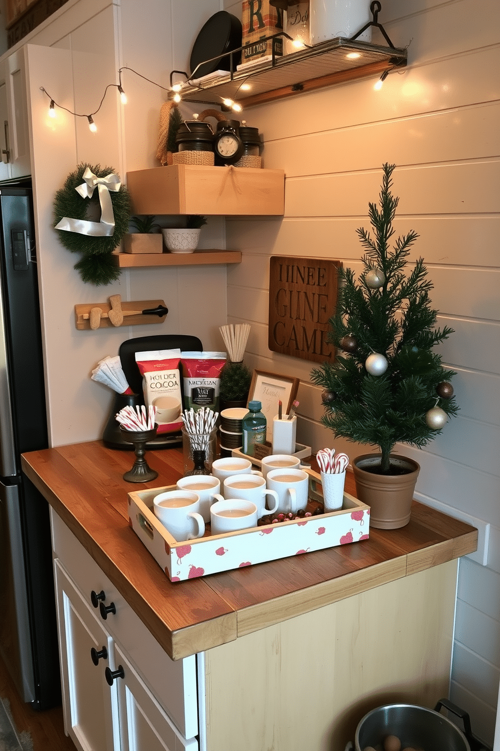 A cozy kitchen area featuring a hot cocoa bar set up on a rustic wooden countertop. The bar includes a decorative tray with mugs, a variety of hot cocoa mixes, and toppings like marshmallows and peppermint sticks. Surrounding the bar, festive winter decorations add warmth and charm. String lights twinkle above, and a small evergreen tree in a pot sits nearby, bringing a touch of nature indoors.