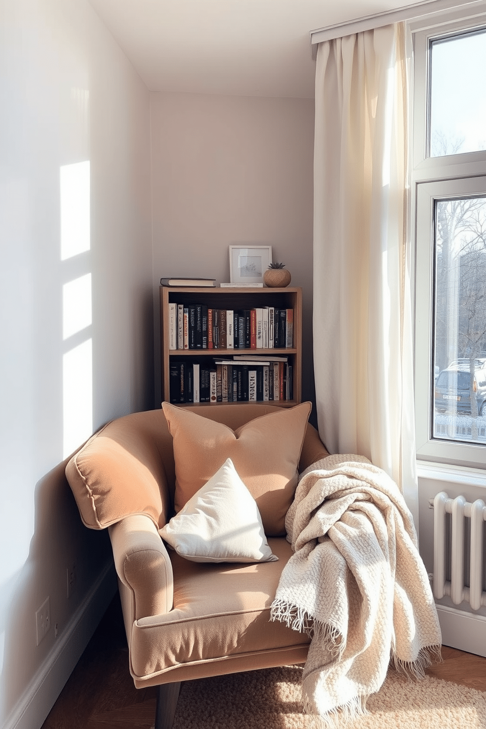 A cozy reading nook nestled in a sunlit corner of a winter apartment. Plush cushions in soft textures and warm colors invite relaxation, while a small bookshelf filled with favorite novels adds charm. A large window draped with sheer curtains allows natural light to fill the space. A soft throw blanket is casually draped over the arm of a stylish armchair, creating a perfect spot for curling up with a book.