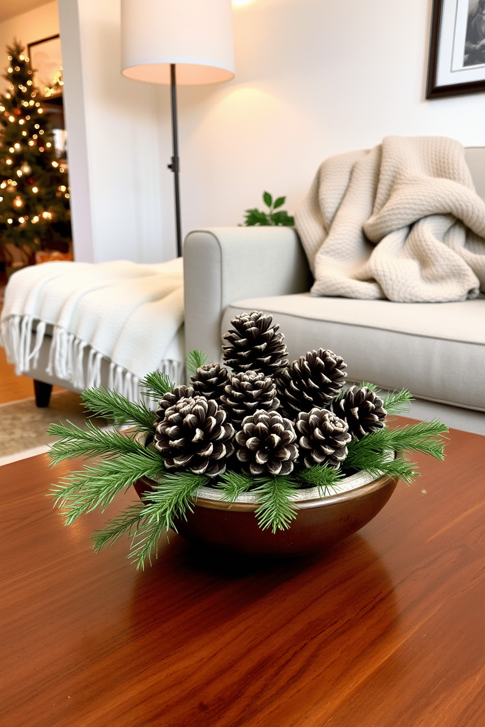 A cozy winter apartment setting featuring a stylish arrangement of scented pine cones placed in a decorative bowl on a wooden coffee table. The room is enhanced with soft, warm lighting and a plush throw blanket draped over a comfortable armchair, creating an inviting atmosphere.