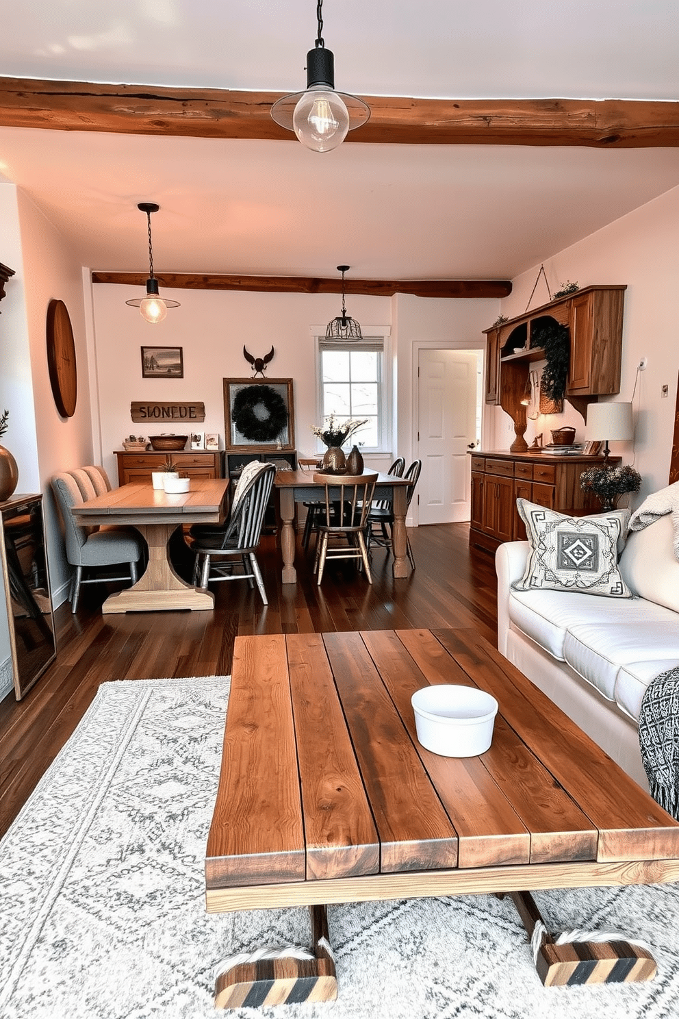 A cozy winter apartment featuring rustic wood accents throughout the furniture. The living room showcases a reclaimed wood coffee table paired with a plush cream sofa and a warm wool throw blanket. The dining area includes a farmhouse-style wooden table surrounded by mismatched chairs, enhancing the rustic charm. Soft, ambient lighting from vintage-inspired fixtures casts a warm glow over the space, creating an inviting atmosphere.