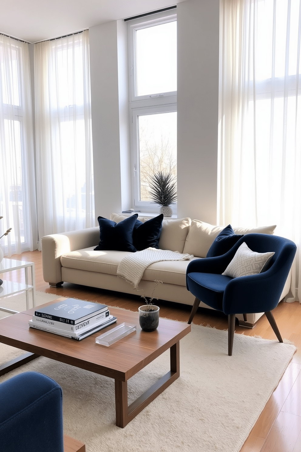 A cozy winter apartment setting featuring a harmonious blend of neutral tones and deep blues. The living room showcases a plush beige sofa adorned with navy blue throw pillows, complemented by a soft cream area rug underneath. Large windows draped with sheer white curtains allow natural light to filter in, enhancing the serene ambiance. A wooden coffee table, topped with a stack of design books and a small succulent, anchors the space, while a deep blue accent chair adds a pop of color.