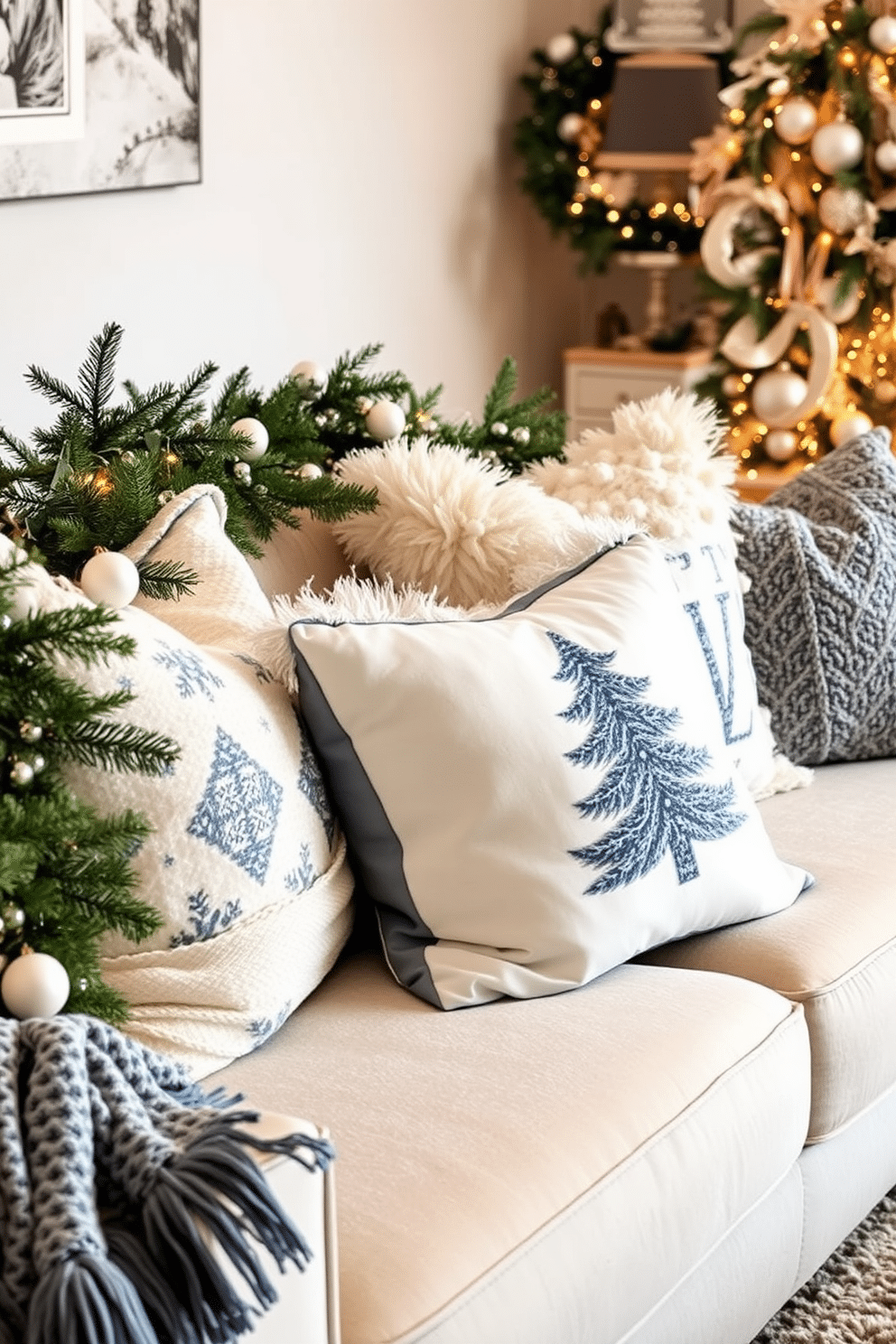 Layered winter-themed pillows in various textures and patterns are arranged on a plush sofa, creating a cozy and inviting atmosphere. The color palette features soft whites, deep blues, and warm grays, enhancing the seasonal aesthetic. A beautifully decorated winter apartment showcases a mix of natural elements and festive decor. Fresh greenery and twinkling lights are intertwined with elegant ornaments, adding a touch of warmth and charm to the space.