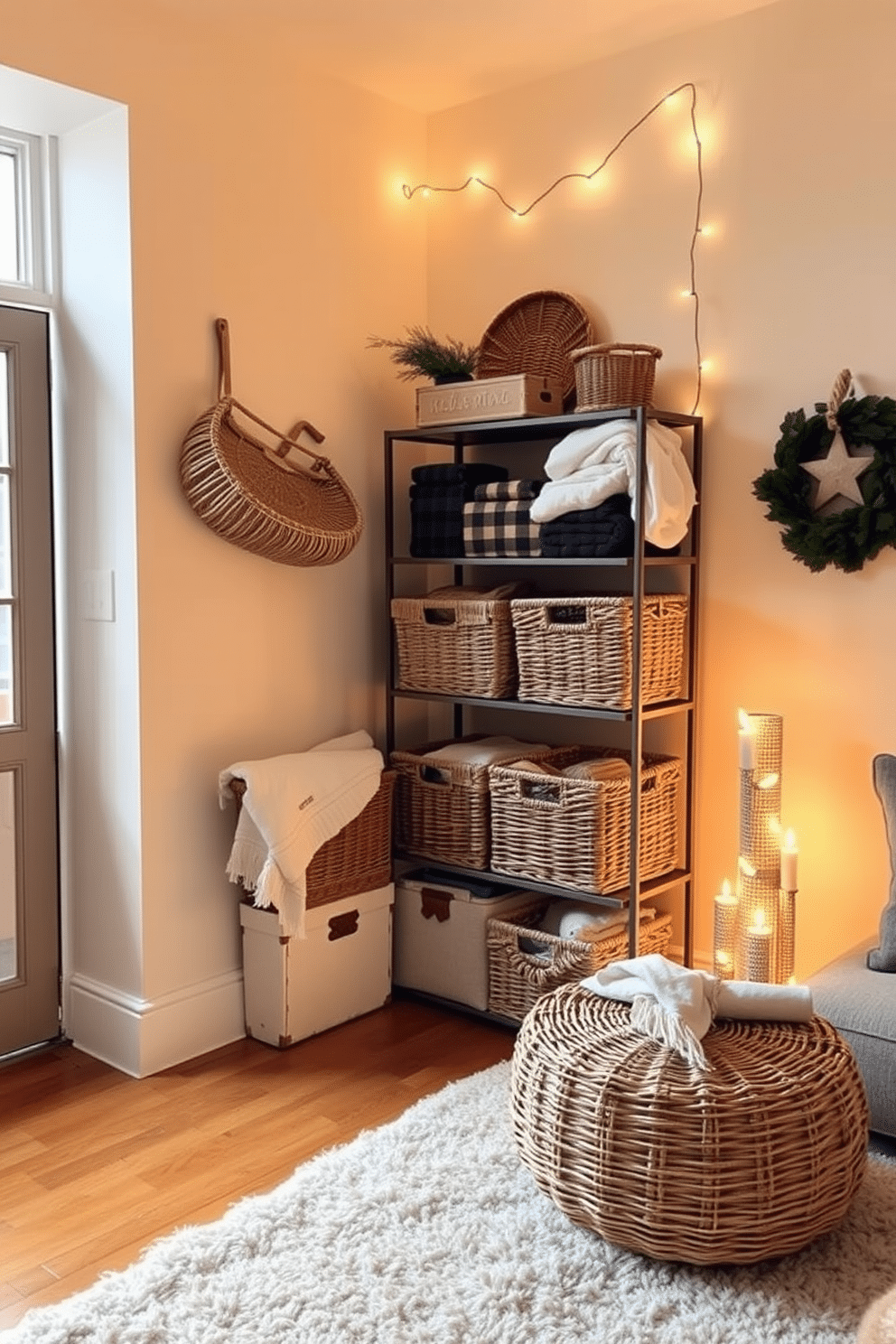 A cozy winter apartment setting featuring functional storage solutions adorned with stylish woven baskets. The walls are painted in a warm cream color, and a plush area rug adds comfort to the hardwood floor. In one corner, a chic shelving unit displays the baskets, filled with blankets and seasonal decor. Soft fairy lights are draped above, creating a warm and inviting atmosphere perfect for winter evenings.