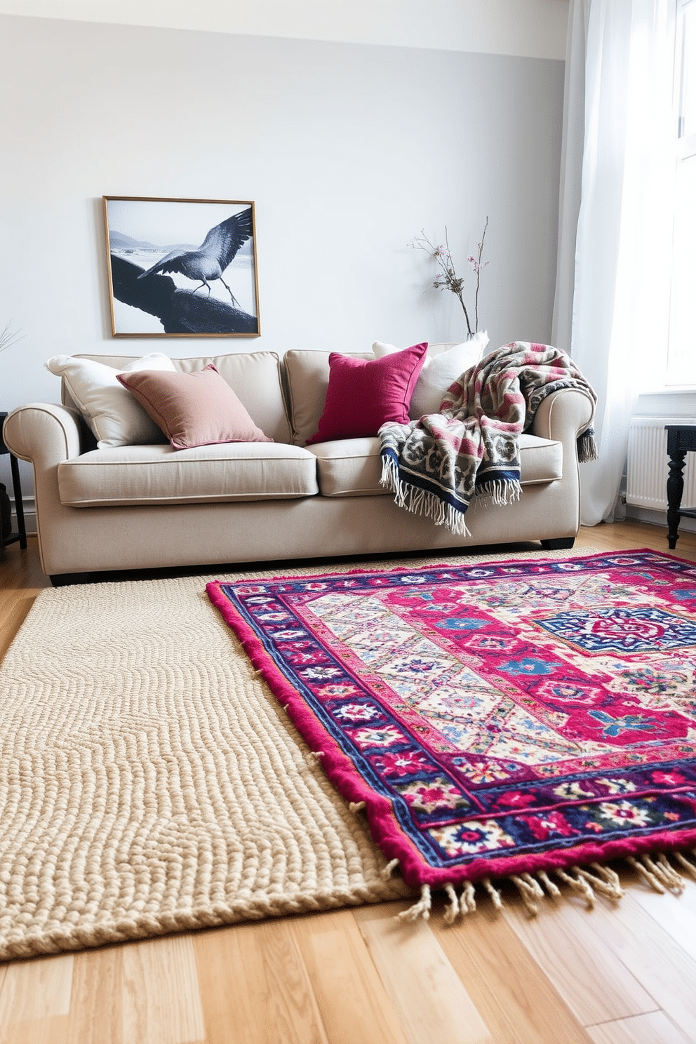 Layered area rugs create a cozy and inviting atmosphere in a winter apartment. The first rug is a large neutral jute base, topped with a vibrant patterned wool rug that adds color and texture. In the living area, a plush sofa is adorned with soft throw pillows that complement the rugs. A warm throw blanket drapes over the armrest, inviting relaxation and comfort during the chilly months.