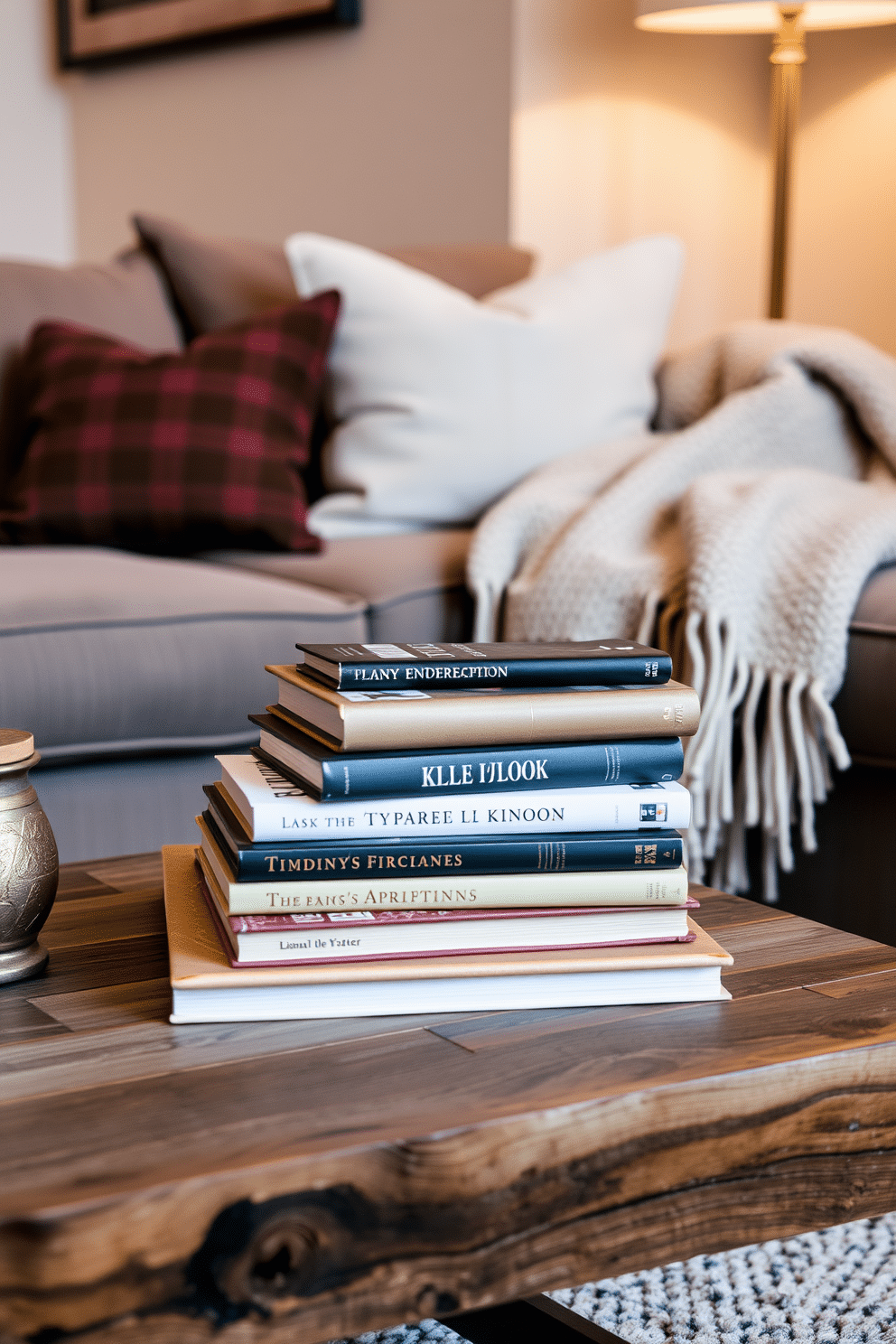 A cozy winter apartment setting with decorative books stacked on a rustic wooden coffee table. The books are arranged in a casual yet stylish manner, complemented by a warm throw blanket draped over the arm of a plush sofa.