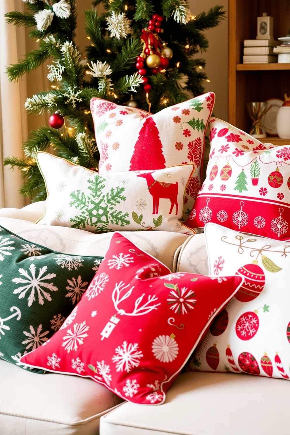 A cozy winter apartment setting adorned with seasonal throw pillows featuring festive designs. The pillows showcase a mix of patterns including snowflakes, reindeer, and holiday ornaments in shades of red, green, and white.