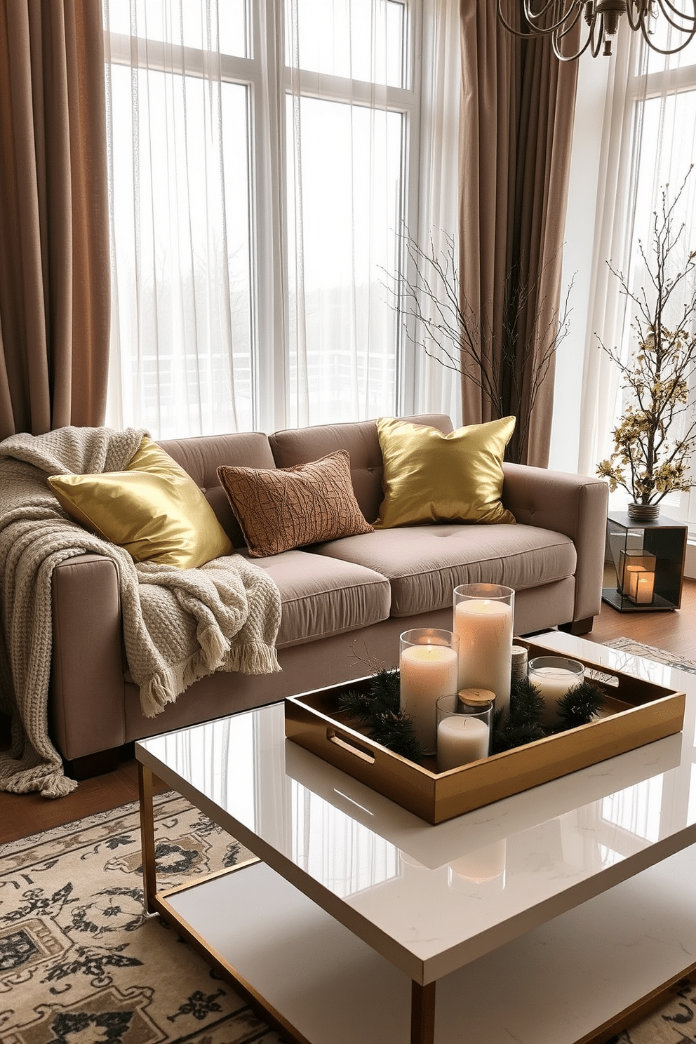 A cozy winter apartment adorned with warm metallic accents in gold and bronze. The living room features a plush sofa draped with a soft throw blanket, complemented by shimmering gold cushions. A stylish coffee table sits in front, adorned with a decorative tray holding candles and seasonal decor. Large windows are dressed with sheer curtains that allow natural light to filter in, enhancing the warm ambiance.