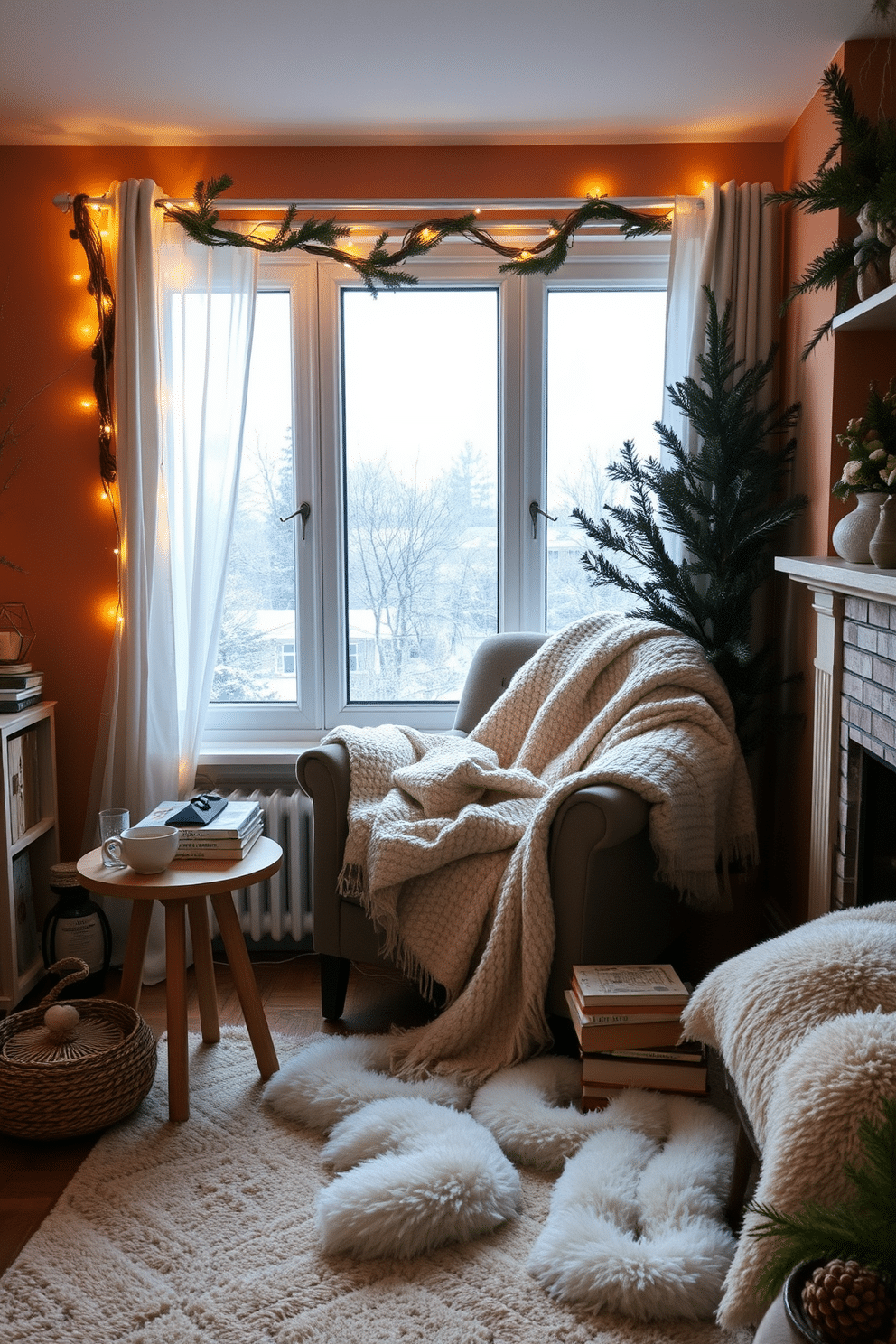 A cozy reading corner adorned with soft blankets draped over a plush armchair invites relaxation. The space features a small side table with a steaming cup of tea and a stack of books, creating a warm and inviting atmosphere. In a winter apartment, the decor includes twinkling fairy lights strung along the windowsill and a soft area rug underfoot. The walls are painted in warm earth tones, complemented by seasonal decorations like pinecones and evergreen branches.