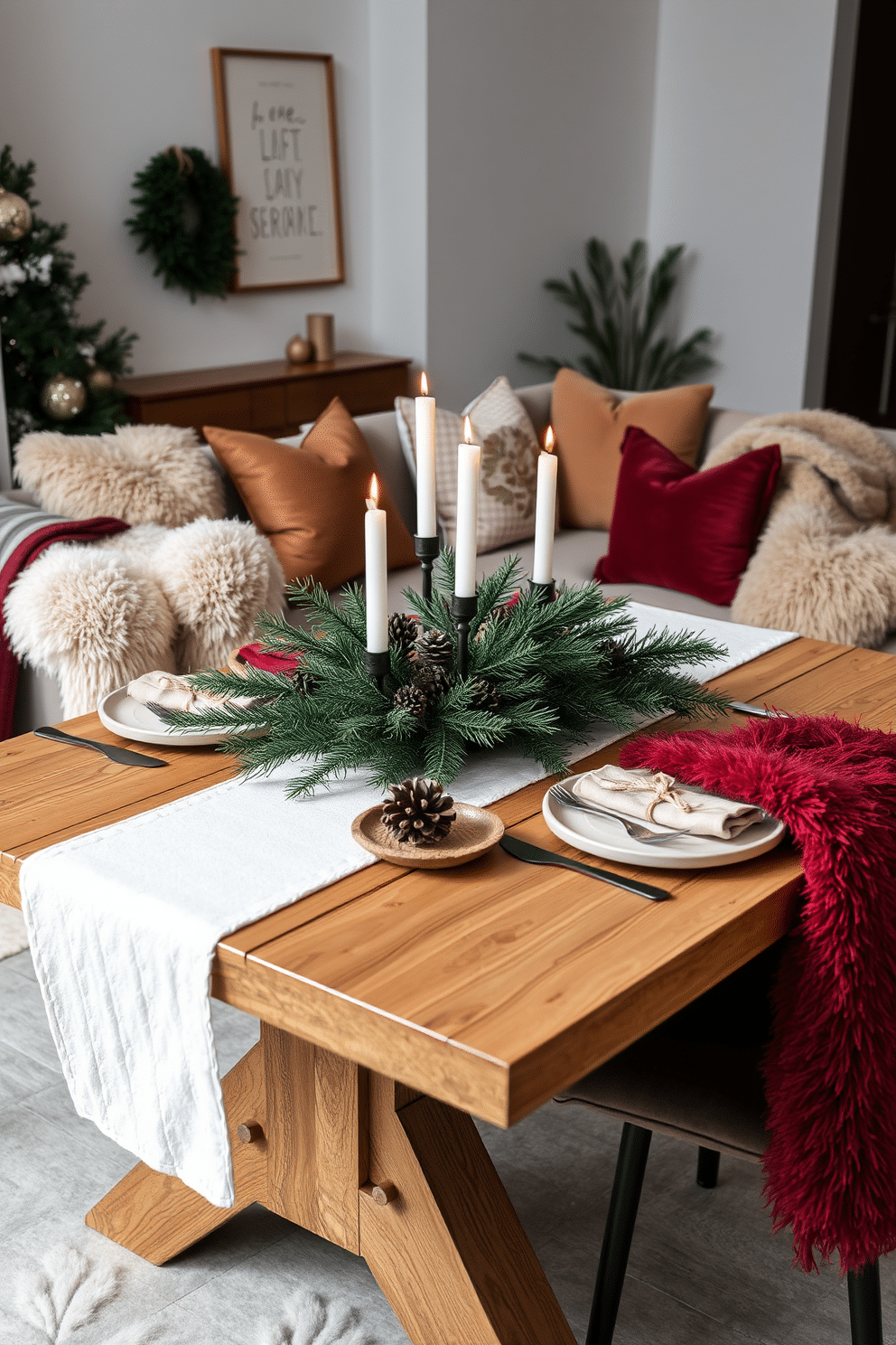 A cozy winter-themed table setting featuring a rustic wooden table adorned with a white tablecloth. Centered on the table is a centerpiece of evergreen branches, pinecones, and candles in varying heights. A stylish winter apartment decorated with soft textures and warm colors. Plush throw blankets and decorative pillows in shades of deep red and gold are scattered across a modern sofa.