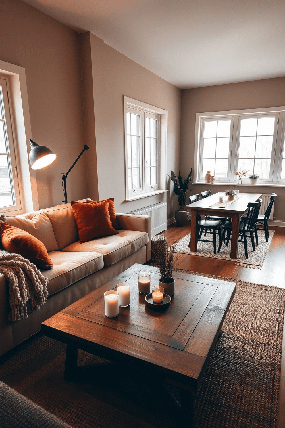 A cozy winter apartment setting with a warm earth tone color palette. The living room features a plush beige sofa adorned with rust-colored throw pillows and a chunky knit blanket draped over the arm. Large windows allow natural light to filter in, highlighting the wooden coffee table topped with a few decorative candles and a small potted plant. The walls are painted in a soft taupe, creating a serene backdrop for the space. In the corner, a stylish floor lamp with a warm glow complements the ambiance, while a woven area rug adds texture underfoot. The dining area showcases a rustic wooden table surrounded by mismatched chairs, inviting gatherings and warmth.