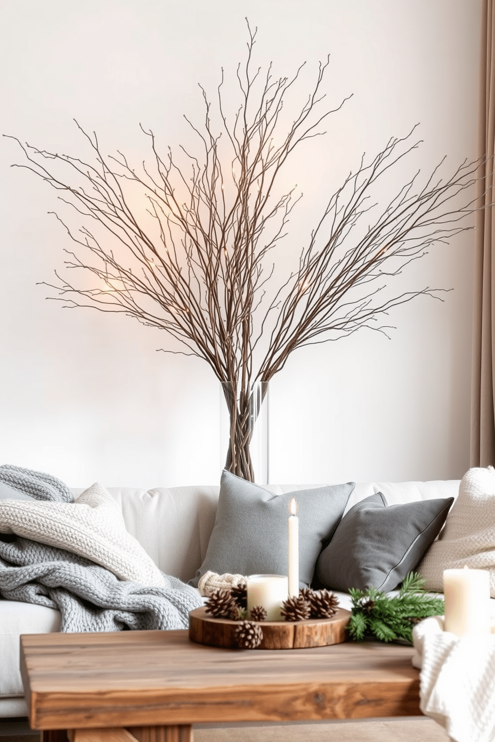 Artistic displays of winter branches are elegantly arranged in a tall glass vase, showcasing their natural beauty against a backdrop of soft white walls. The branches are adorned with delicate fairy lights, creating a warm and inviting atmosphere in the room. In the winter apartment, cozy textiles in shades of gray and cream are layered on a plush sofa, inviting relaxation. A rustic wooden coffee table is topped with seasonal decor, including pinecones and candles, enhancing the winter theme.