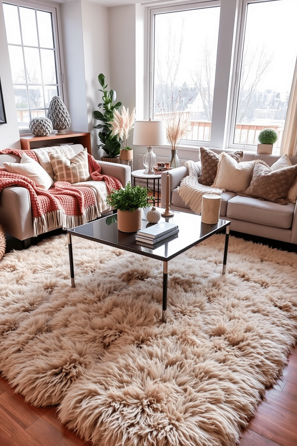 A cozy winter apartment setting featuring a plush faux fur rug that adds warmth to the space. The room is adorned with soft, layered textiles including knitted throws and seasonal decorative pillows. Large windows allow natural light to flood in, highlighting the inviting atmosphere. A stylish coffee table sits at the center, surrounded by comfortable seating that encourages relaxation.