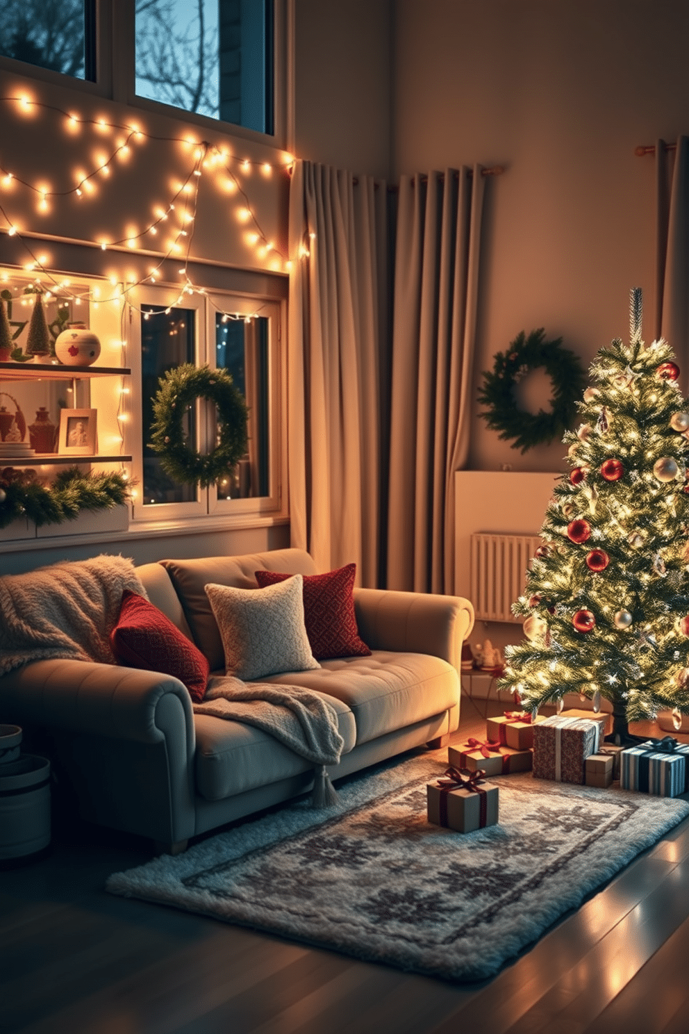 A cozy winter apartment filled with warmth and charm. Twinkling fairy lights are draped across the windows and strategically placed on shelves, creating a magical ambiance. The living area features a plush, oversized sofa adorned with soft throw blankets and seasonal pillows. A beautifully decorated Christmas tree stands in the corner, surrounded by wrapped gifts and a festive rug beneath.